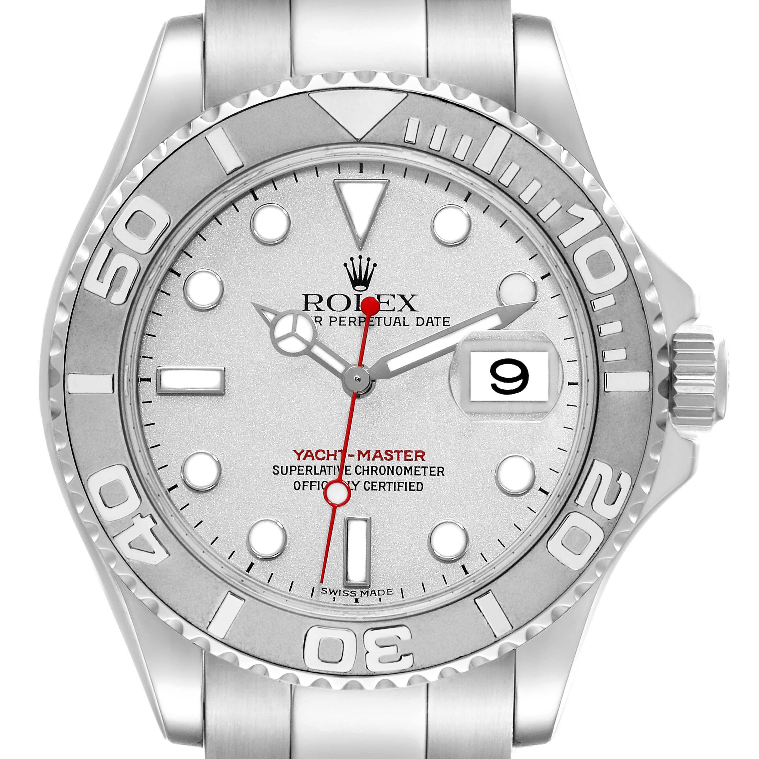 The Rolex Yacht-Master Men's Stainless Steel Silver Dial Men's Stainless Steel Silver Dial watch is shown from a front angle, displaying the bezel, dial, hands, and date window.