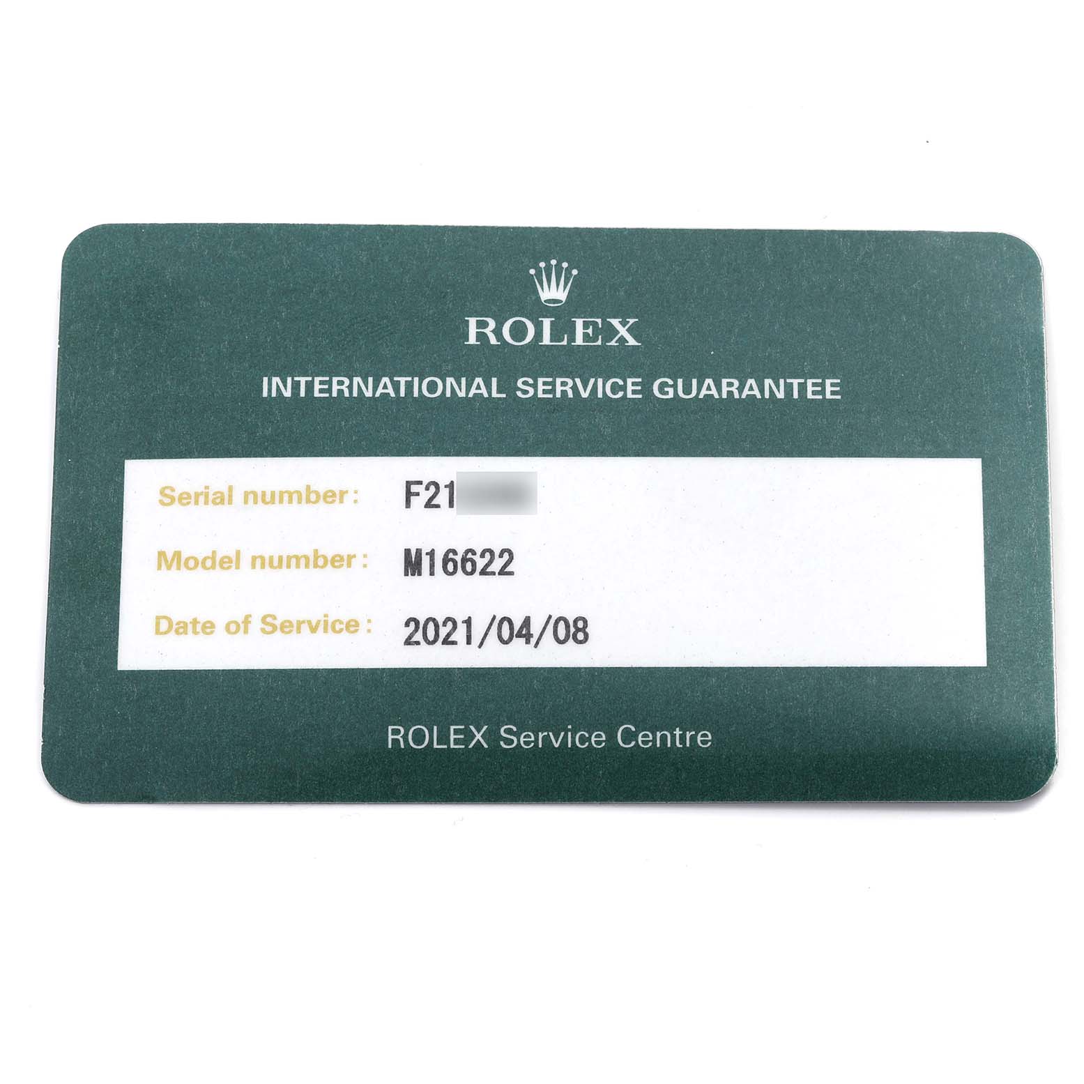 The image shows a Rolex Yacht-Master Men's Stainless Steel Silver Dial Men's Stainless Steel Silver Dial service guarantee card with model number M16622.