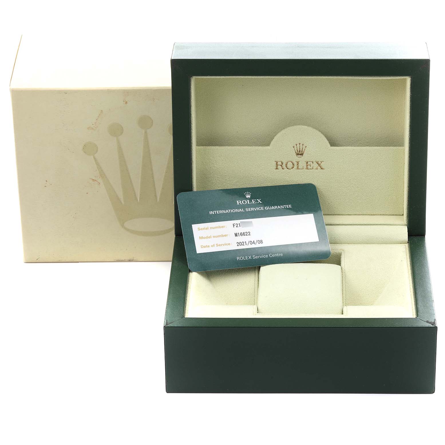 The image shows a Rolex Yacht-Master Men's Stainless Steel Silver Dial Men's Stainless Steel Silver Dial watch box, guarantee card, and packaging, viewed from the front.