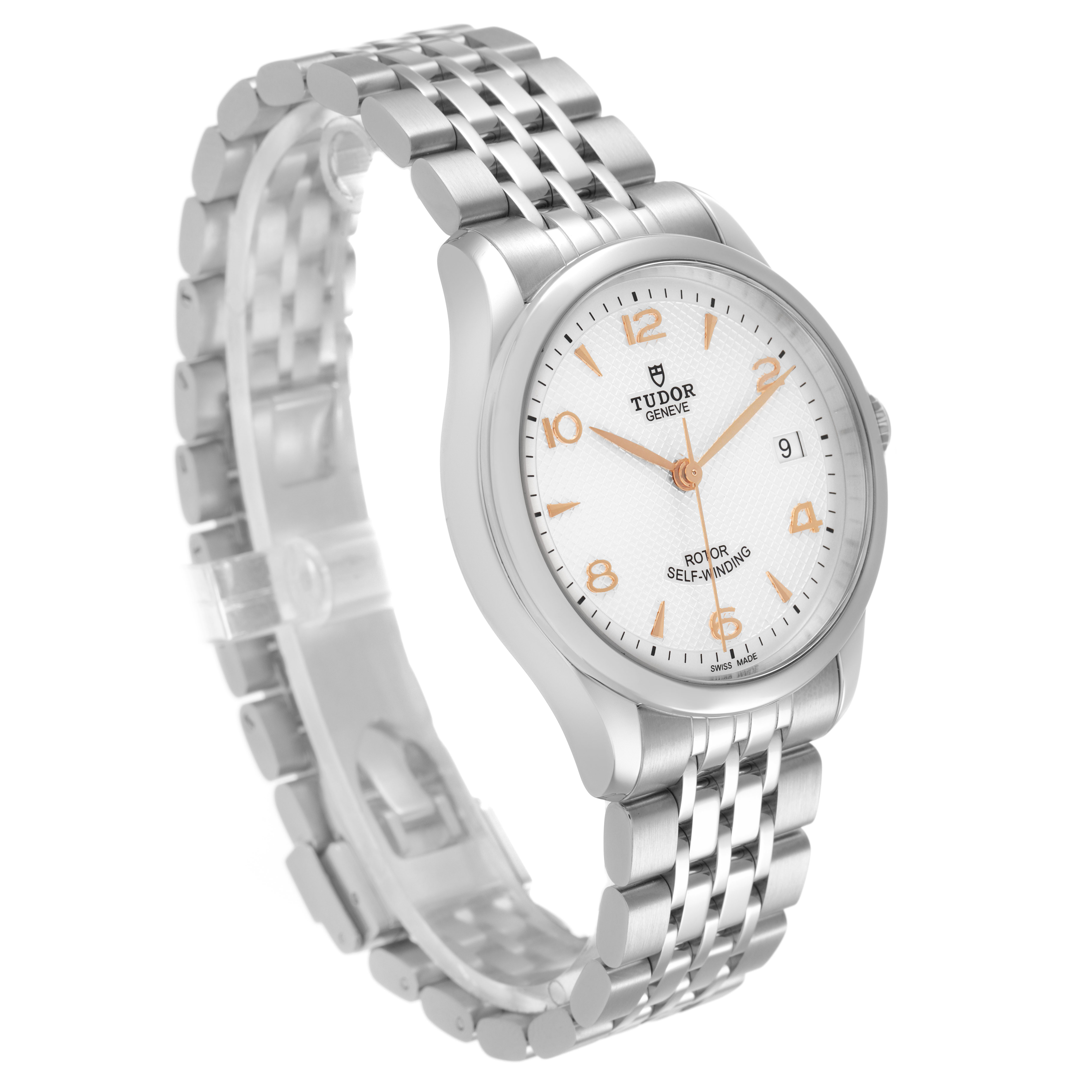 The image shows a Tudor 1926 M91450-0001 Men's Stainless Steel Silver Dial model from an angled side view highlighting the face, bracelet, and clasp.