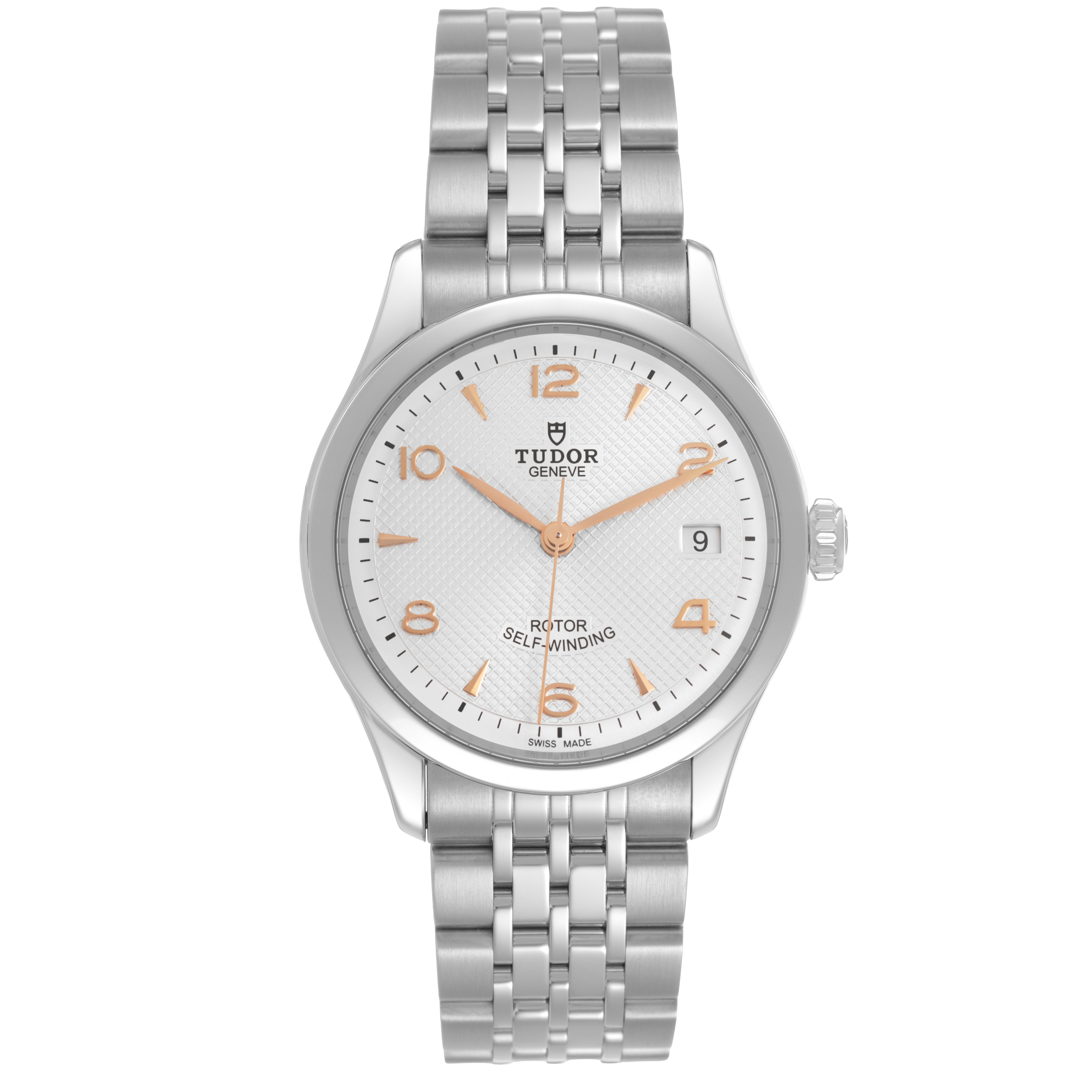 The Tudor 1926 M91450-0001 Men's Stainless Steel Silver Dial watch is shown from a front angle, displaying the face, bezel, and bracelet clearly.