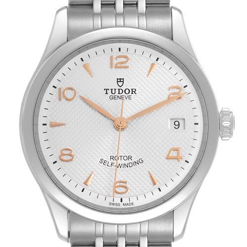 The Tudor 1926 M91450-0001 Men's Stainless Steel Silver Dial watch is shown from the front, displaying the dial, hands, hour markers, and part of the bracelet.