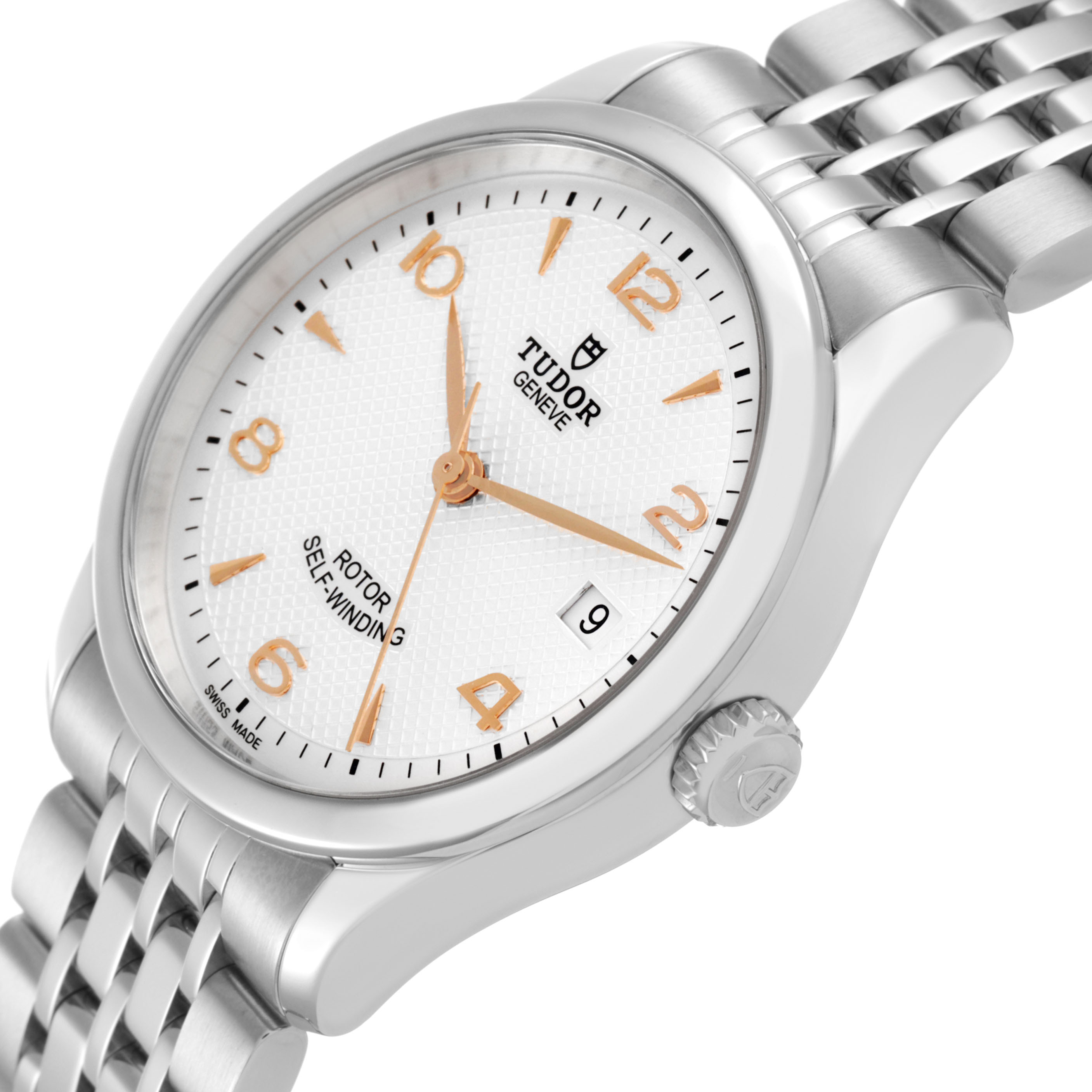 The Tudor 1926 M91450-0001 Men's Stainless Steel Silver Dial watch is shown from a slightly tilted side angle, displaying the face, bezel, crown, and part of the bracelet.