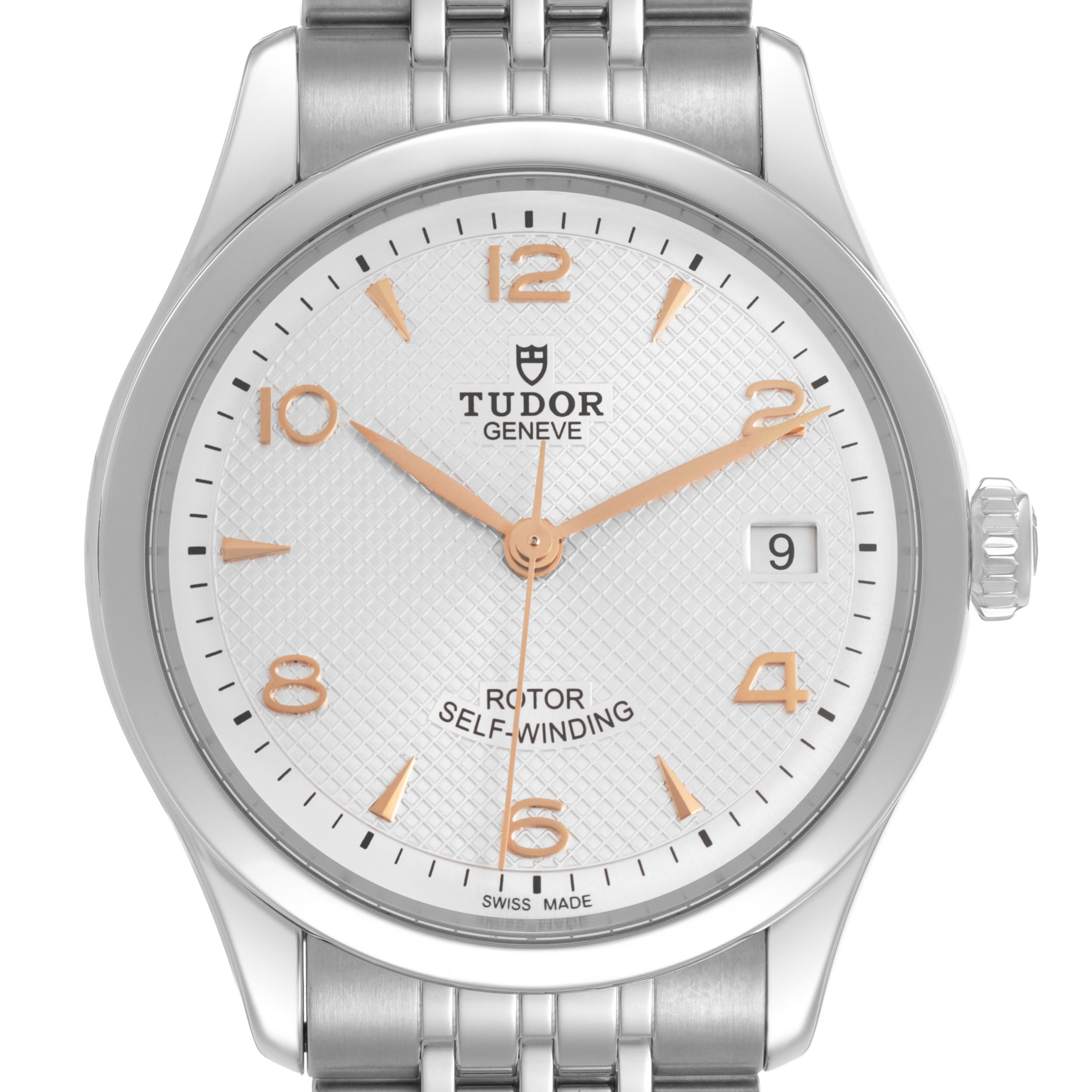 The Tudor 1926 M91450-0001 Men's Stainless Steel Silver Dial model is shown from the front, displaying the dial, hands, date window, and parts of the bracelet.