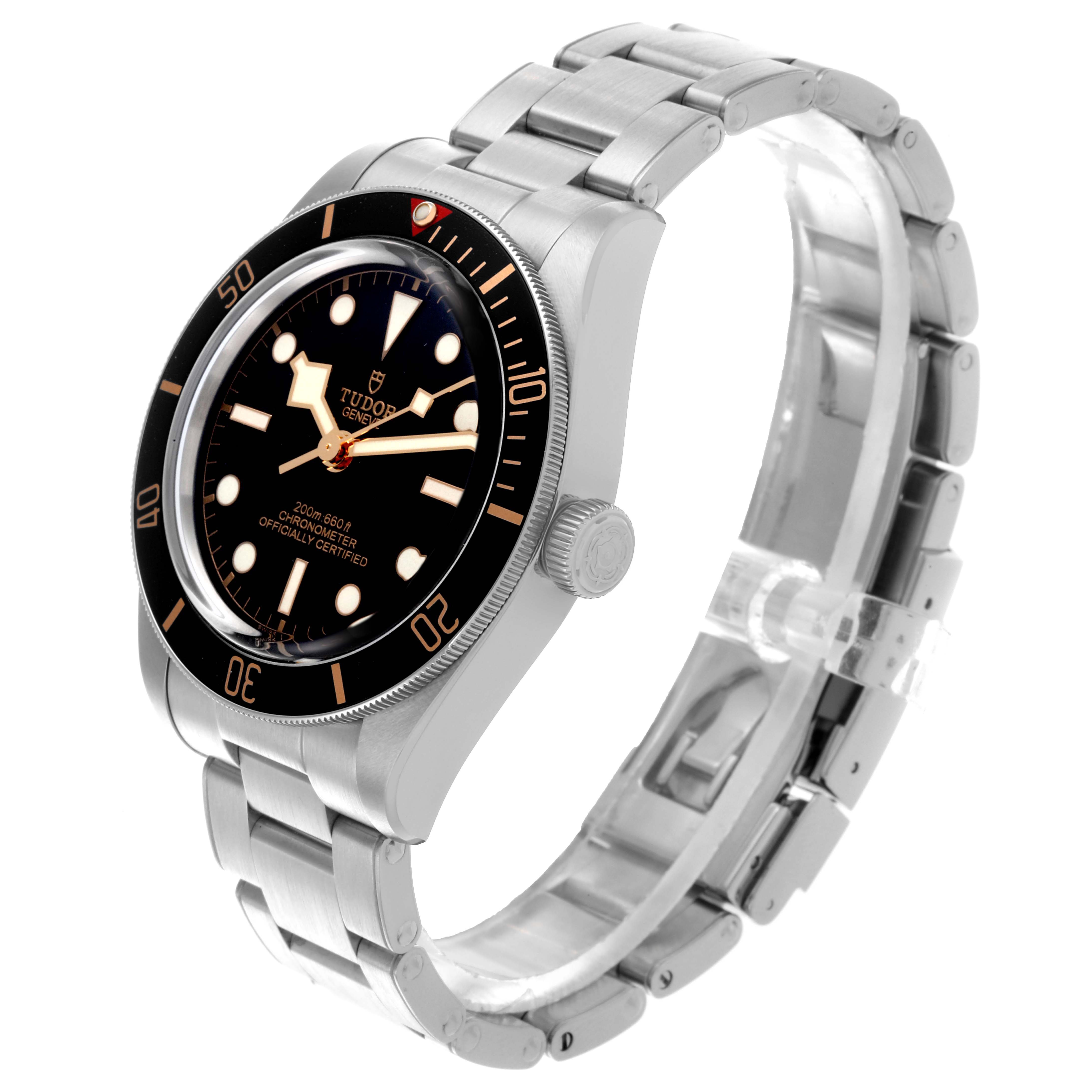 The Tudor Heritage Black Bay 79030 Men's Stainless Steel Black Dial 79030 Men's Stainless Steel Black Dial watch is shown at a side angle, displaying the face, bezel, crown, and bracelet.
