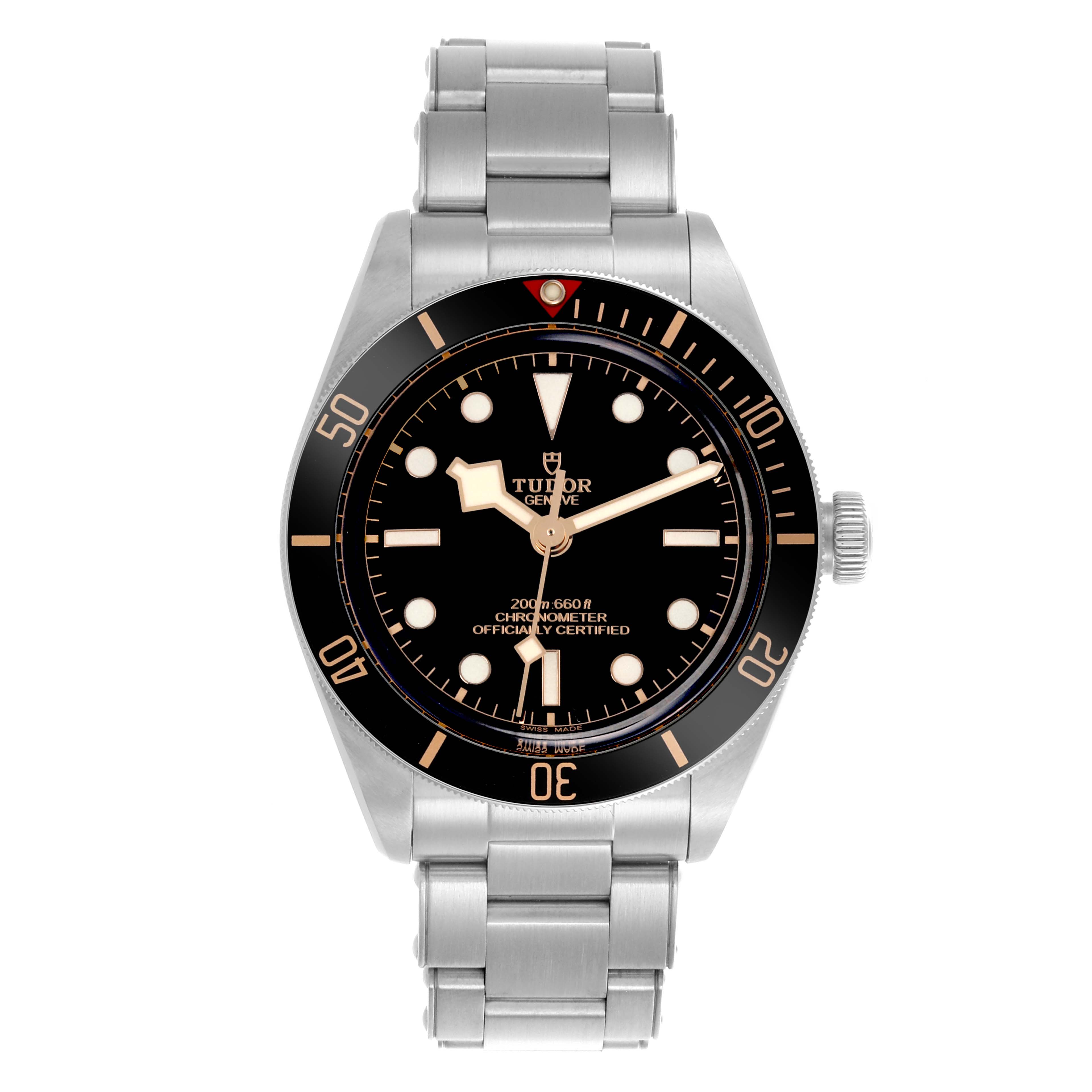 The Tudor Heritage Black Bay 79030 Men's Stainless Steel Black Dial 79030 Men's Stainless Steel Black Dial watch is shown from a front angle, displaying its face, bezel, and bracelet.
