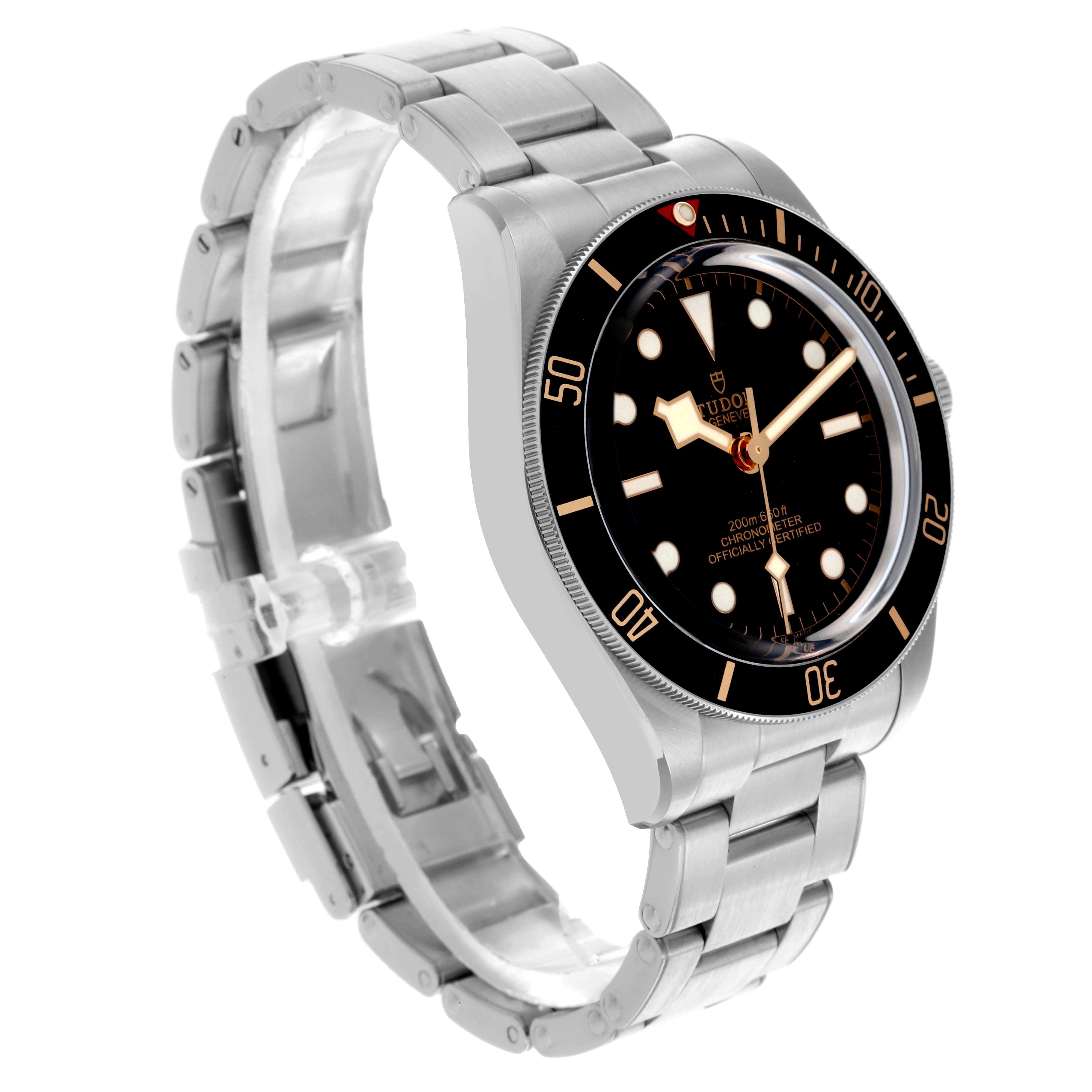 The Tudor Heritage Black Bay 79030 Men's Stainless Steel Black Dial 79030 Men's Stainless Steel Black Dial watch is shown at a three-quarter angle highlighting its face and bracelet.