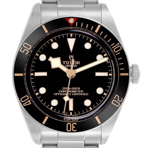 The Tudor Heritage Black Bay watch is shown from the front, displaying the bezel, dial, markers, and crown.