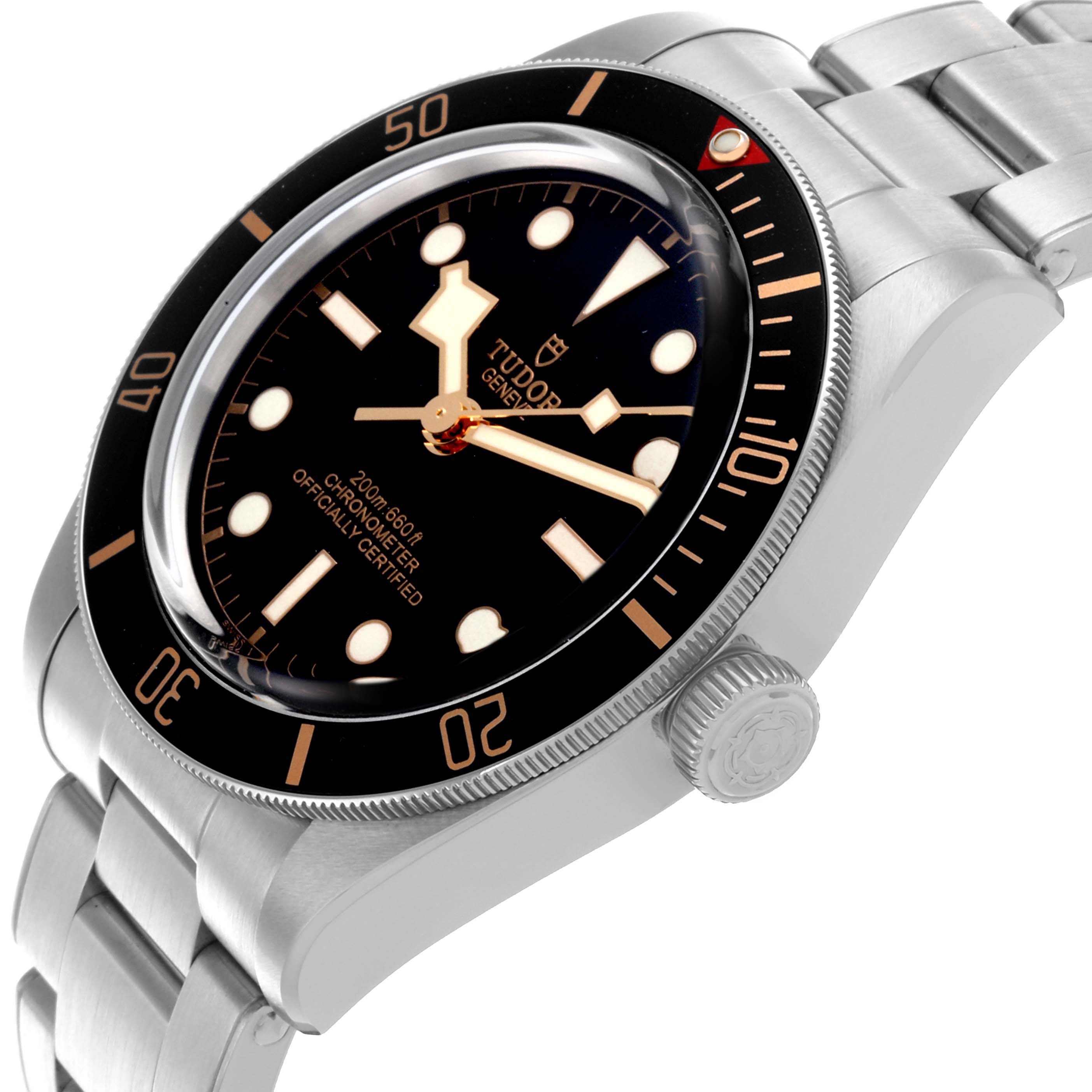 The Tudor Heritage Black Bay 79030 Men's Stainless Steel Black Dial 79030 Men's Stainless Steel Black Dial watch is shown at an angled view, displaying the dial, bezel, crown, and metal bracelet.