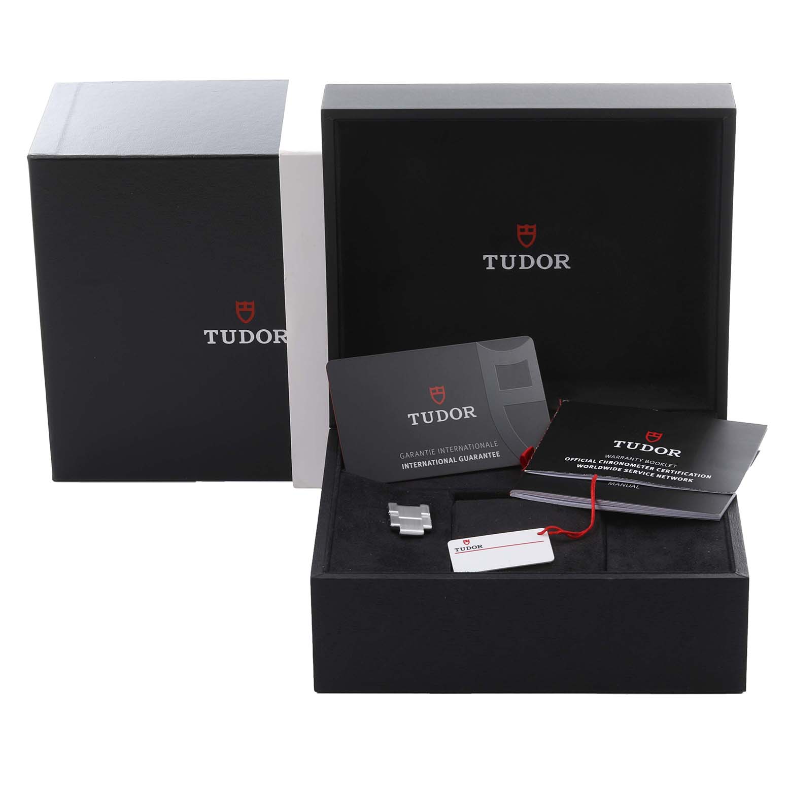 The image shows packaging, warranty cards, and a link for the Tudor Heritage Black Bay 79030 Men's Stainless Steel Black Dial 79030 Men's Stainless Steel Black Dial watch.