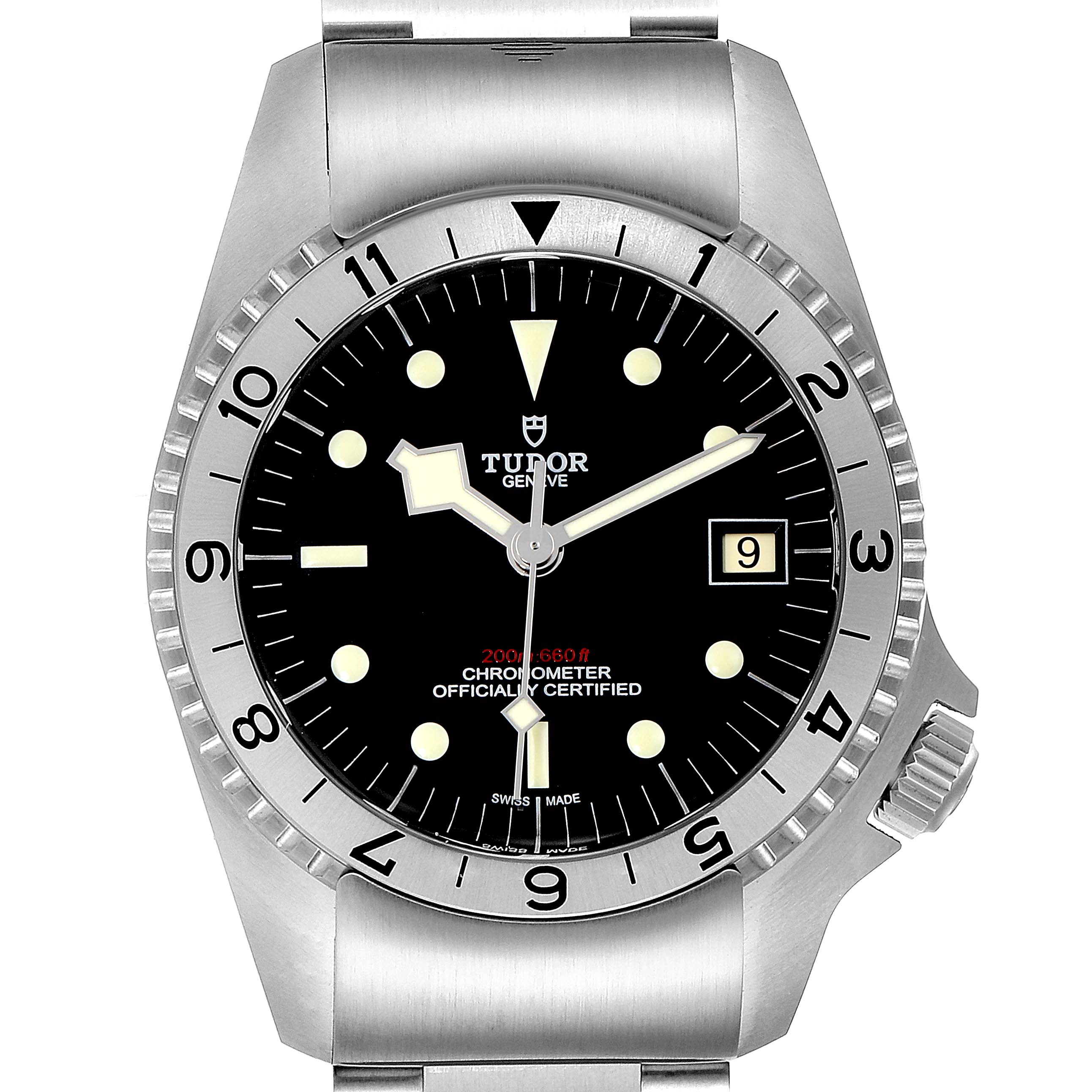 The image shows a frontal view of the Tudor Heritage Black Bay M70150-0001 Men
s Stainless Steel Black Dial M70150-0001 Men
s Stainless Steel Black Dial watch, highlighting the dial, bezel, and part of the bracelet.