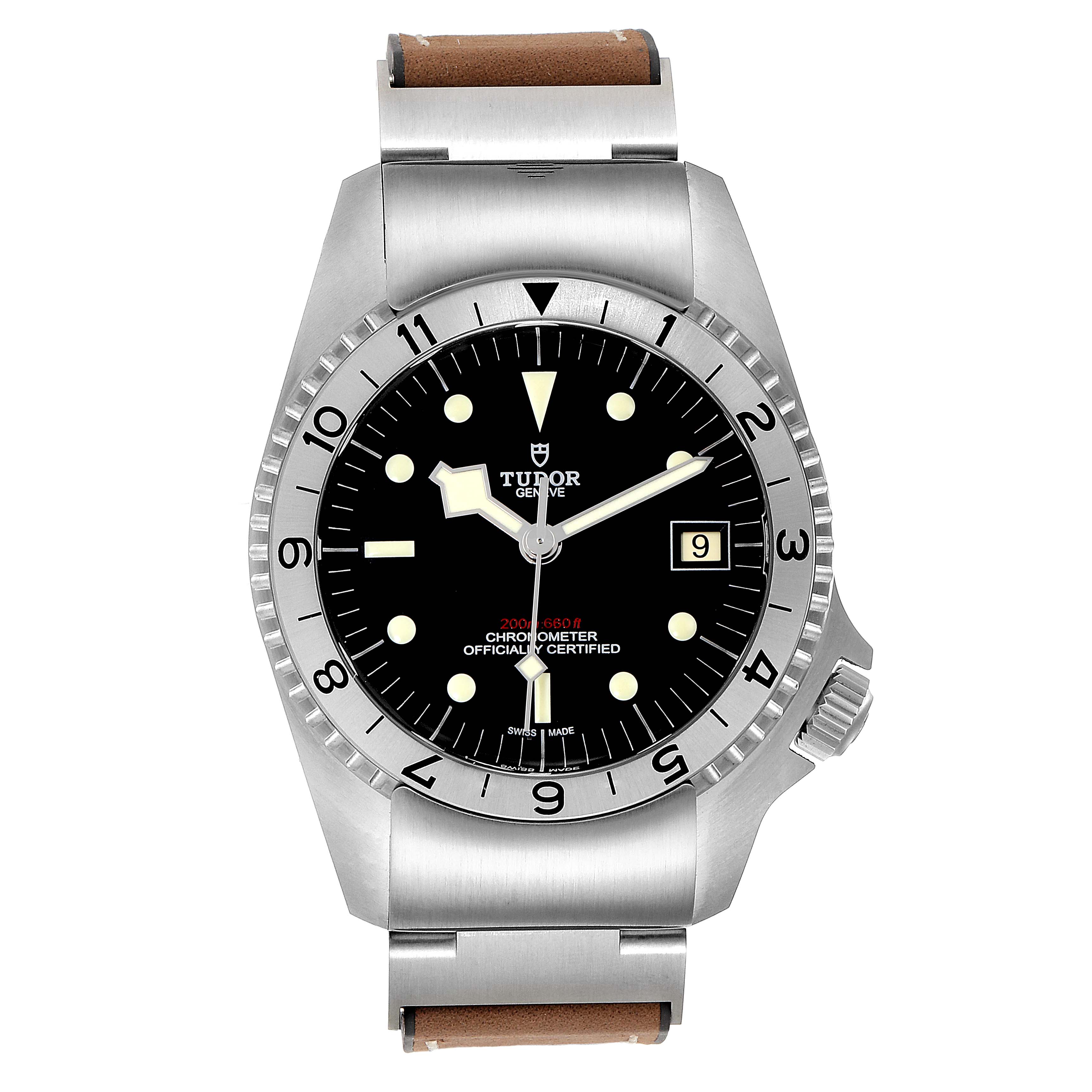 The image shows a front view of the Tudor Heritage Black Bay M70150-0001 Men
s Stainless Steel Black Dial M70150-0001 Men
s Stainless Steel Black Dial watch including the dial, bezel, and part of the strap.