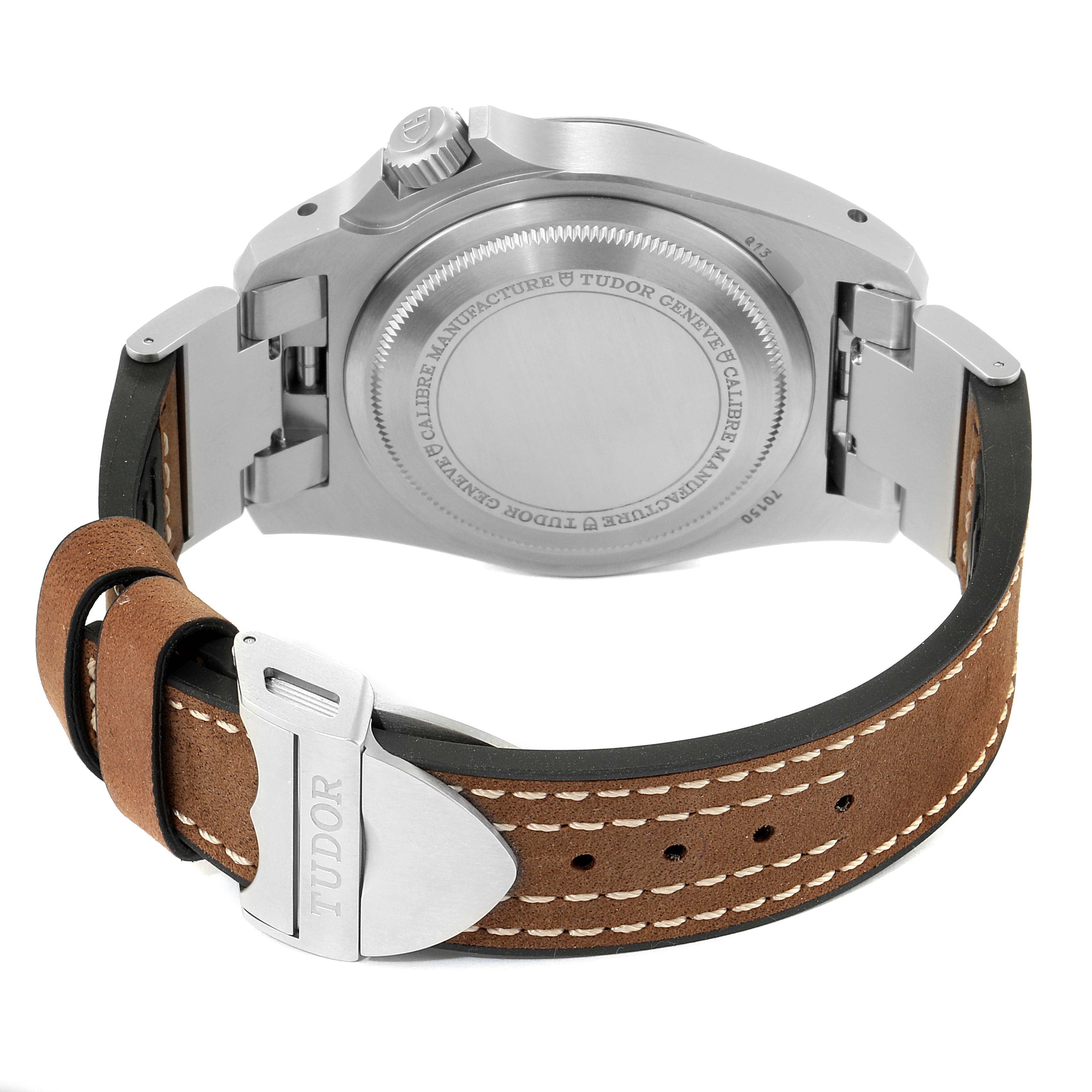 The image shows the back view of a Tudor Heritage Black Bay M70150-0001 Men
s Stainless Steel Black Dial M70150-0001 Men
s Stainless Steel Black Dial watch, highlighting the case back, crown, and brown leather strap.