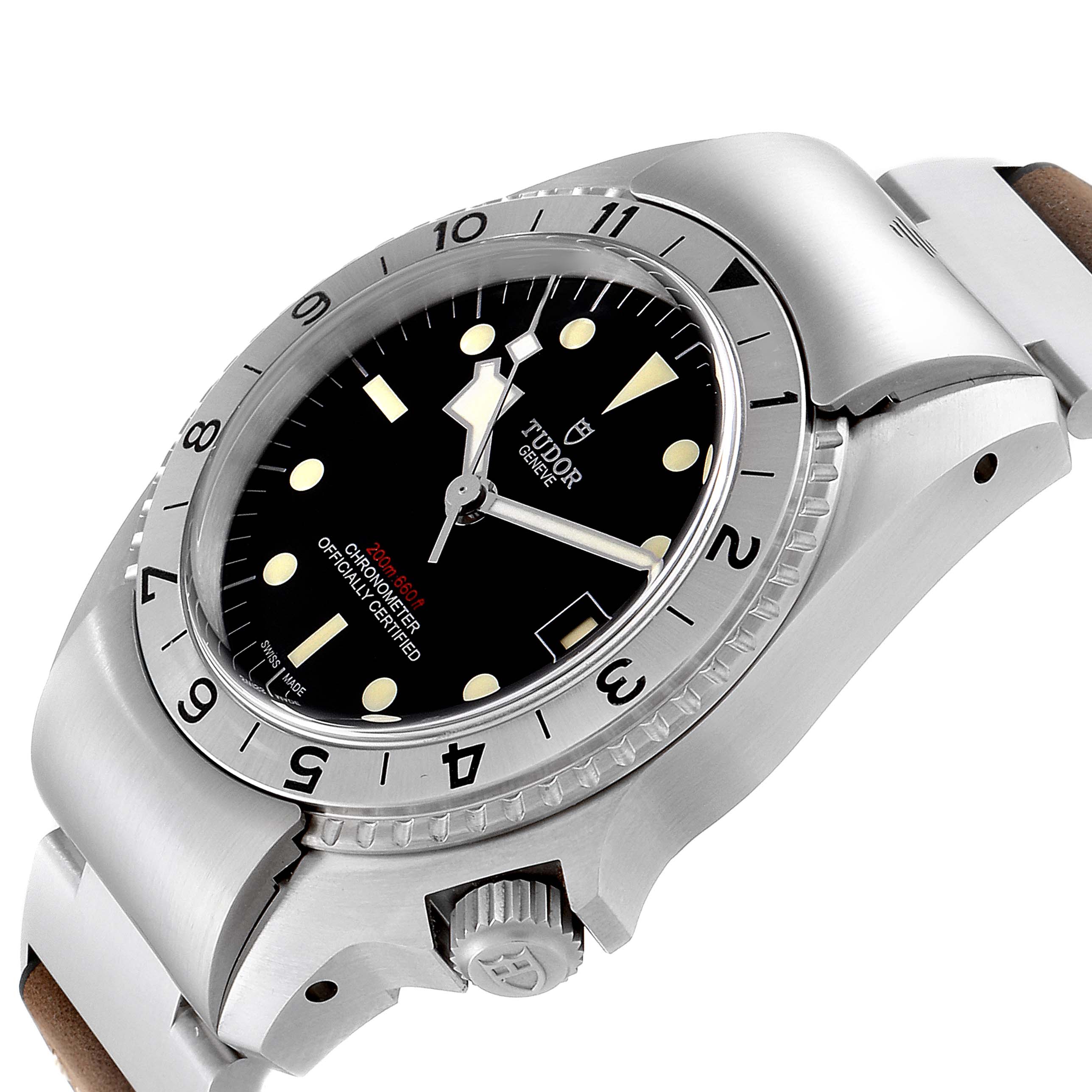 The image shows a Tudor Heritage Black Bay M70150-0001 Men
s Stainless Steel Black Dial M70150-0001 Men
s Stainless Steel Black Dial watch angled to display the dial, bezel, and crown.