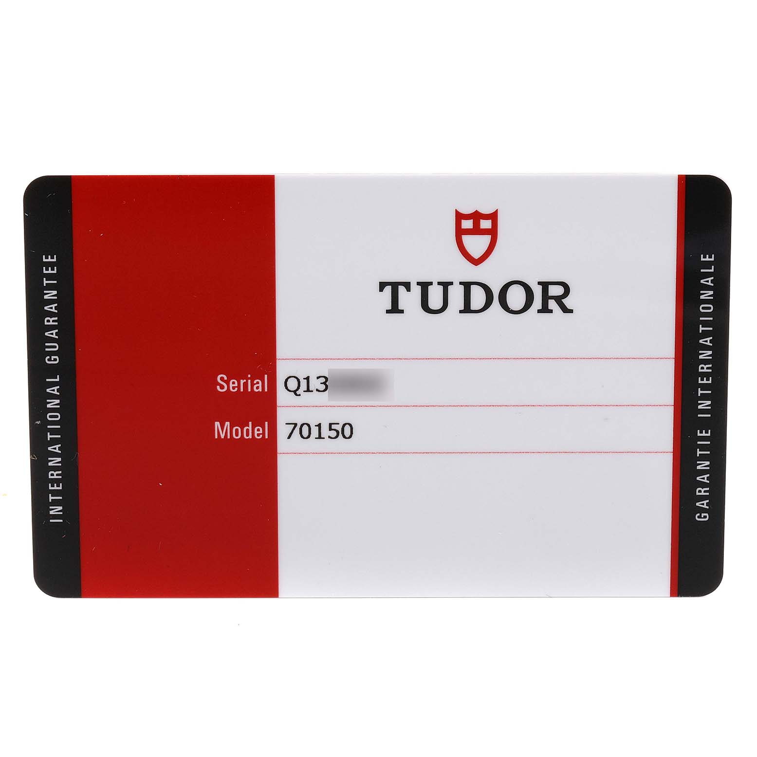 This image shows the international guarantee card for the Tudor Heritage Black Bay M70150-0001 Men
s Stainless Steel Black Dial M70150-0001 Men
s Stainless Steel Black Dial model.