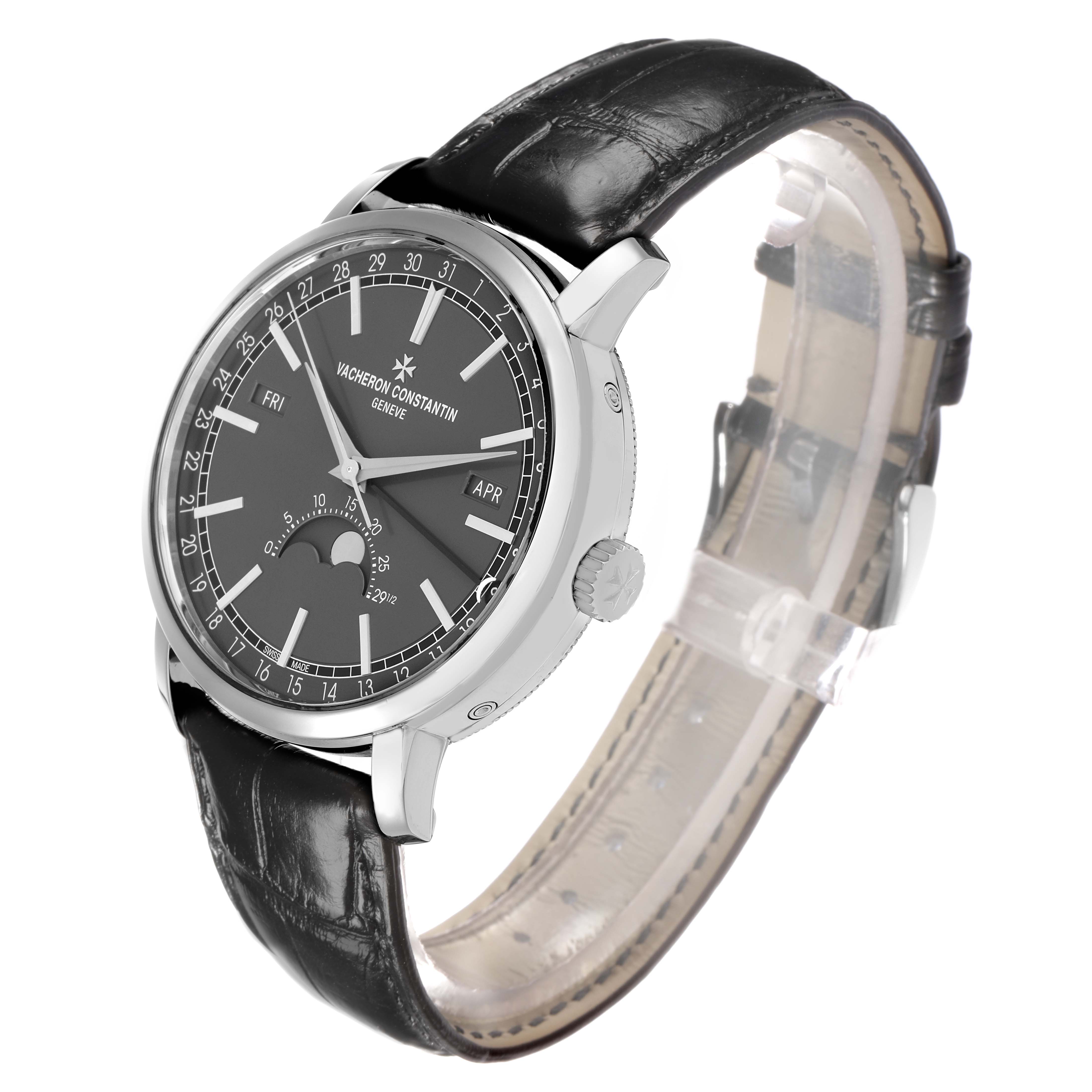 The Vacheron Constantin Traditionnelle 4010T/000G Men
s White Gold Grey Dial watch is shown at a slight angle, displaying the face, crown, and leather strap.