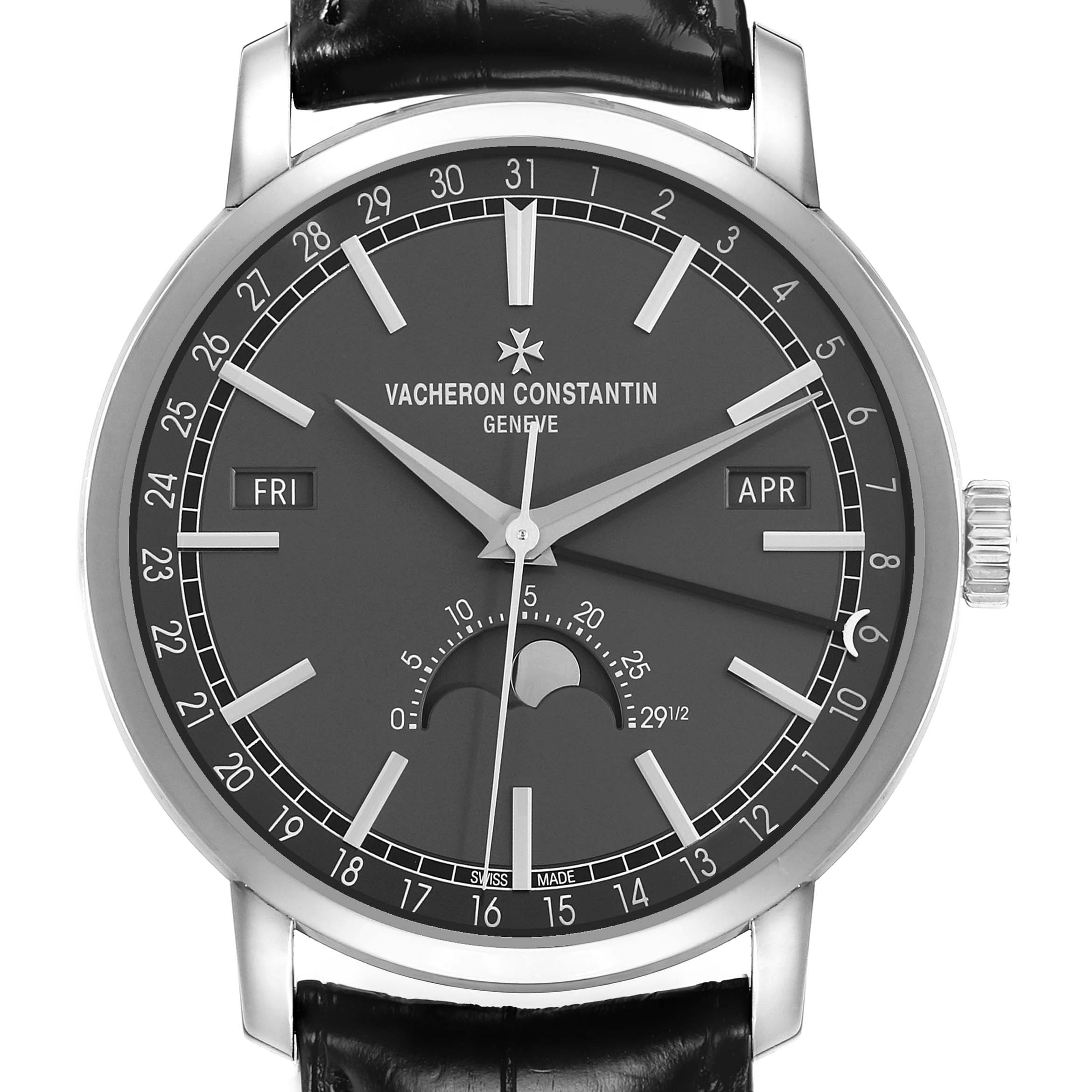The Vacheron Constantin Traditionnelle 4010T/000G Men
s White Gold Grey Dial watch is shown from a front angle, displaying the dial, hands, date, day, month, and moon phase.