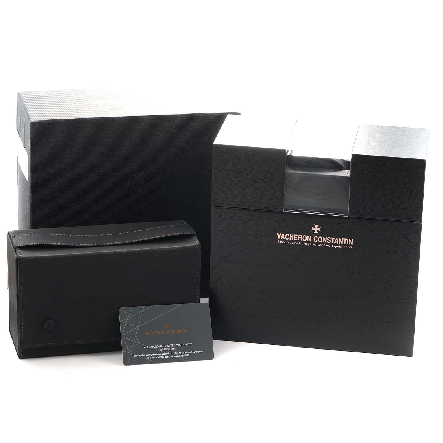 The image shows packaging and documentation for the Vacheron Constantin Traditionnelle 4010T/000G Men
s White Gold Grey Dial model, including boxes and a warranty card.