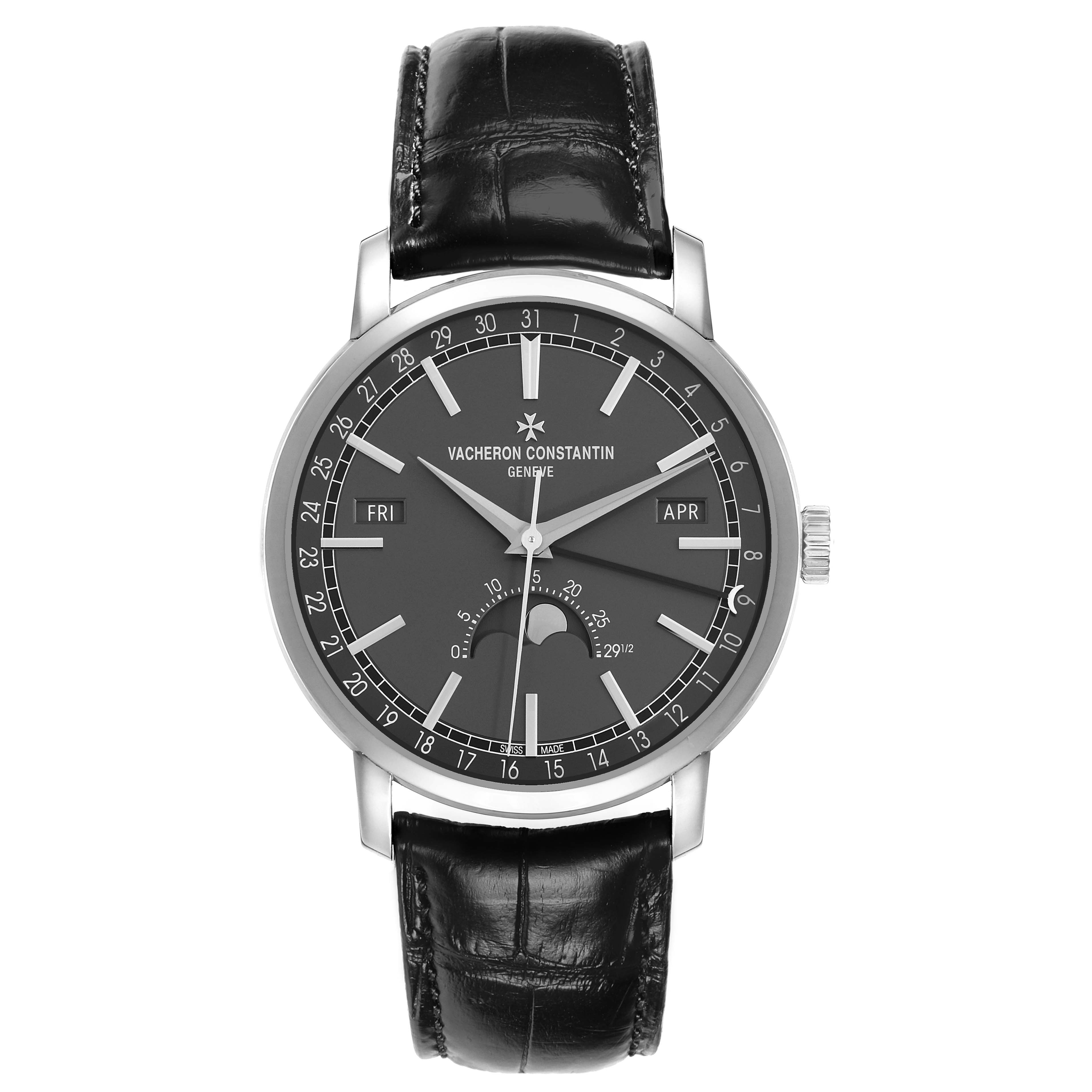 The Vacheron Constantin Traditionnelle 4010T/000G Men
s White Gold Grey Dial watch is shown from a front angle, highlighting the face, hands, calendar, and moon phase.