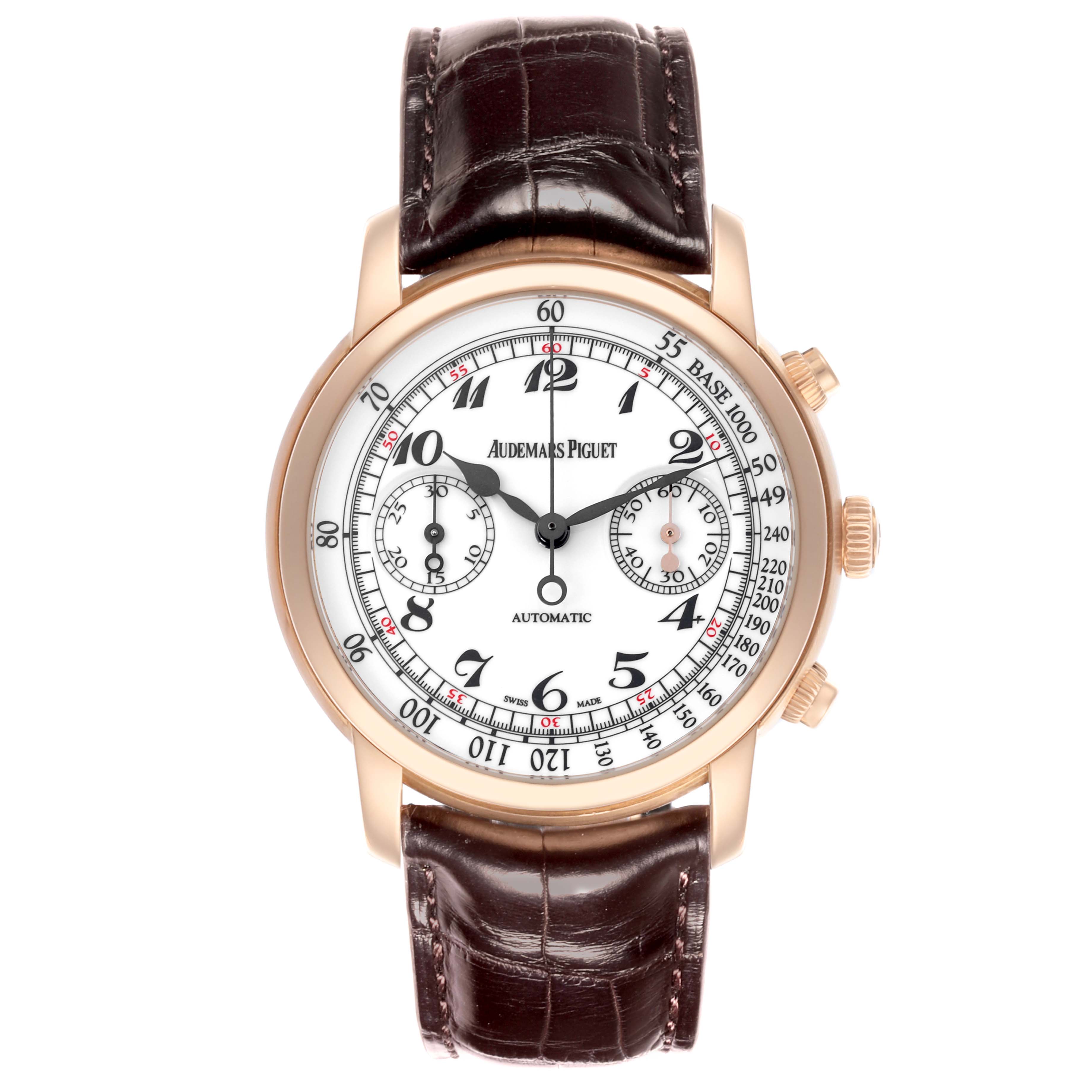 The Audemars Piguet Jules 26100OR.OO.D088CR.01 Men's Rose Gold White Dial 26100OR.OO.D088CR.01 Men's Rose Gold White Dial watch is shown from a front angle, displaying its dial, case, and dark brown leather strap.