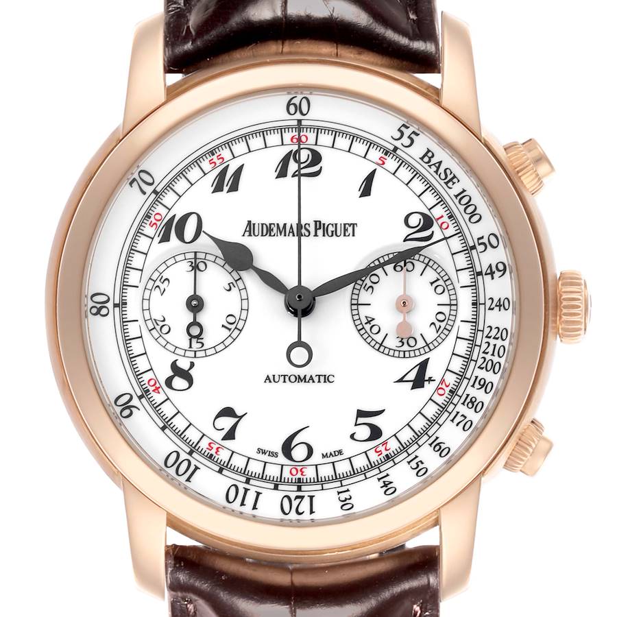 The Audemars Piguet Jules watch is shown from a front angle, displaying its dial and chronograph features.