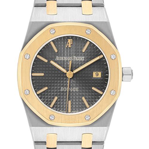 The Audemars Piguet Royal Oak 14100SA Men's Steel and Gold (two tone) Grey Dial watch is shown from the front, featuring its octagonal bezel, dial, hands, and date window.