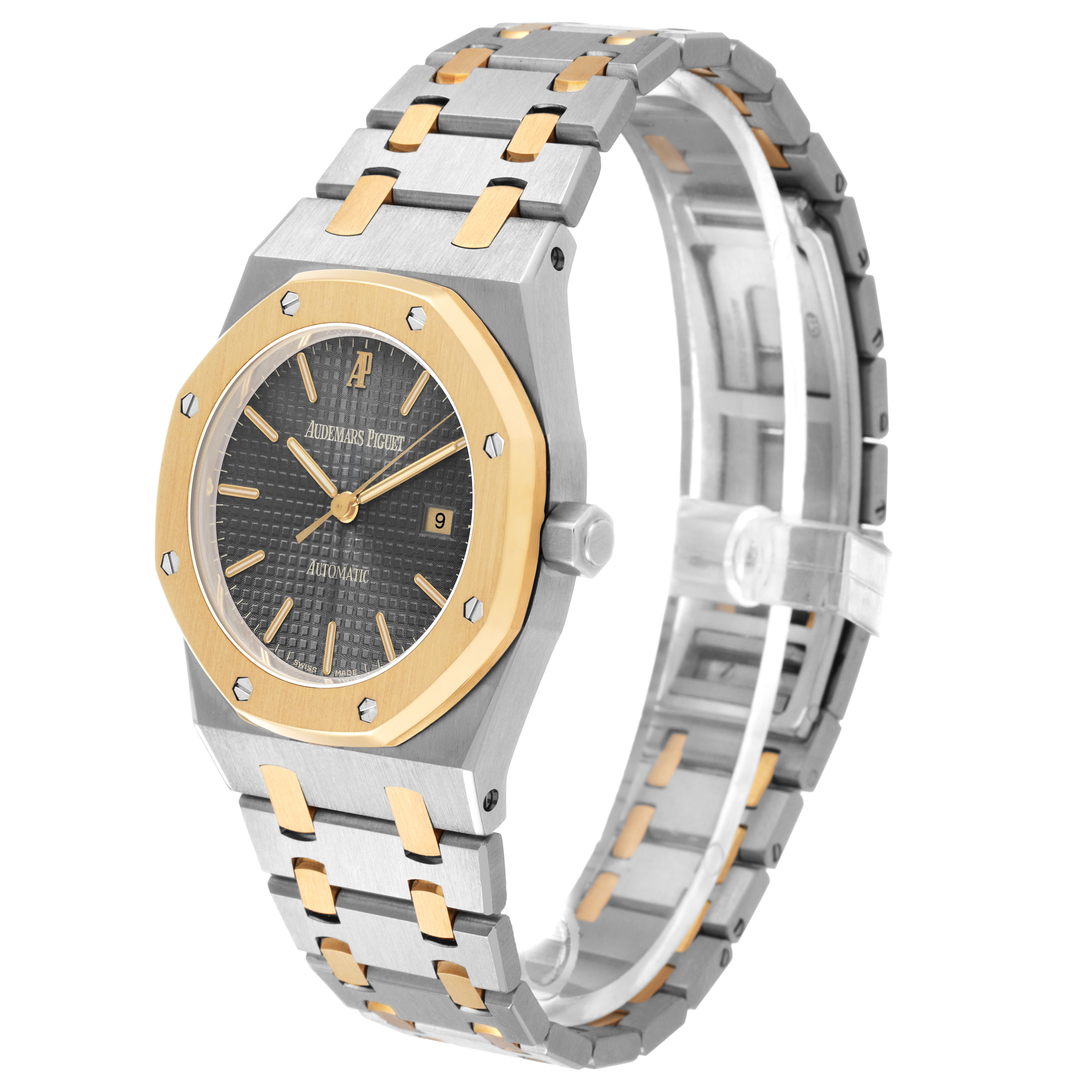 The Audemars Piguet Royal Oak 14100SA Men's Steel and Gold (two tone) Grey Dial watch is shown at an angle highlighting the face, bezel, crown, and bracelet.
