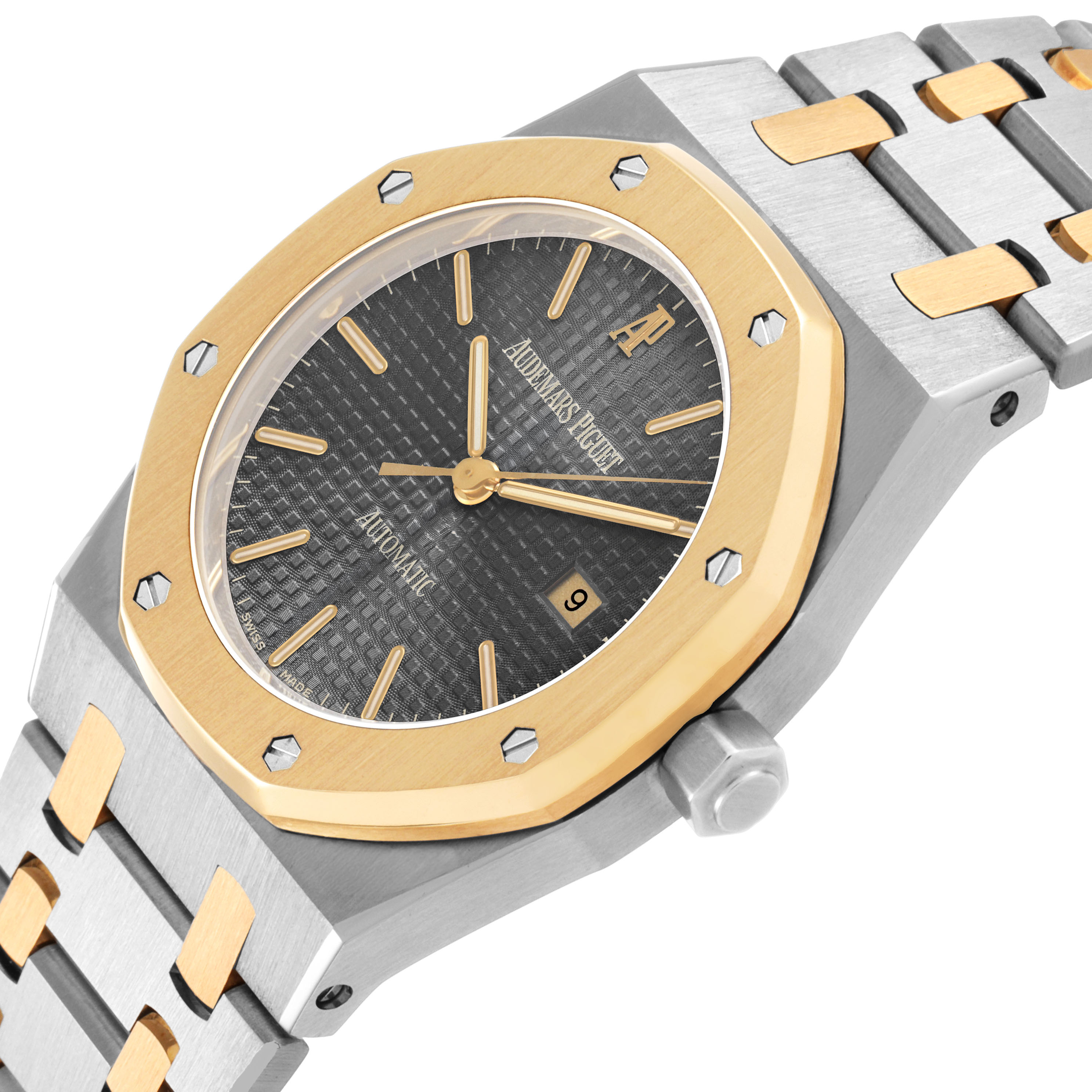 The Audemars Piguet Royal Oak 14100SA Men's Steel and Gold (two tone) Grey Dial watch is shown at an angled view, highlighting its octagonal bezel, bracelet, and textured dial.