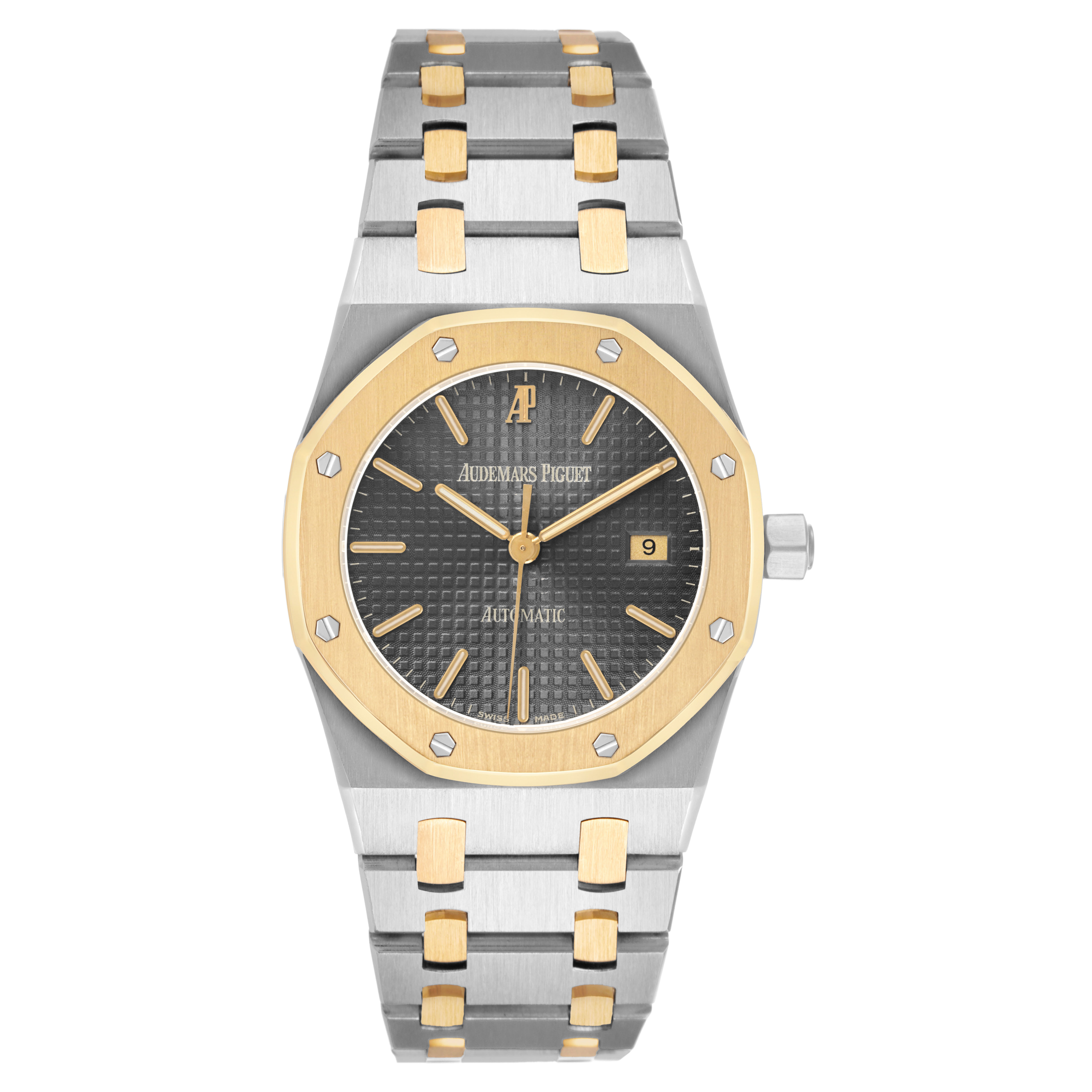 The Audemars Piguet Royal Oak 14100SA Men's Steel and Gold (two tone) Grey Dial watch is shown from the front, highlighting its face, bezel, and bracelet.
