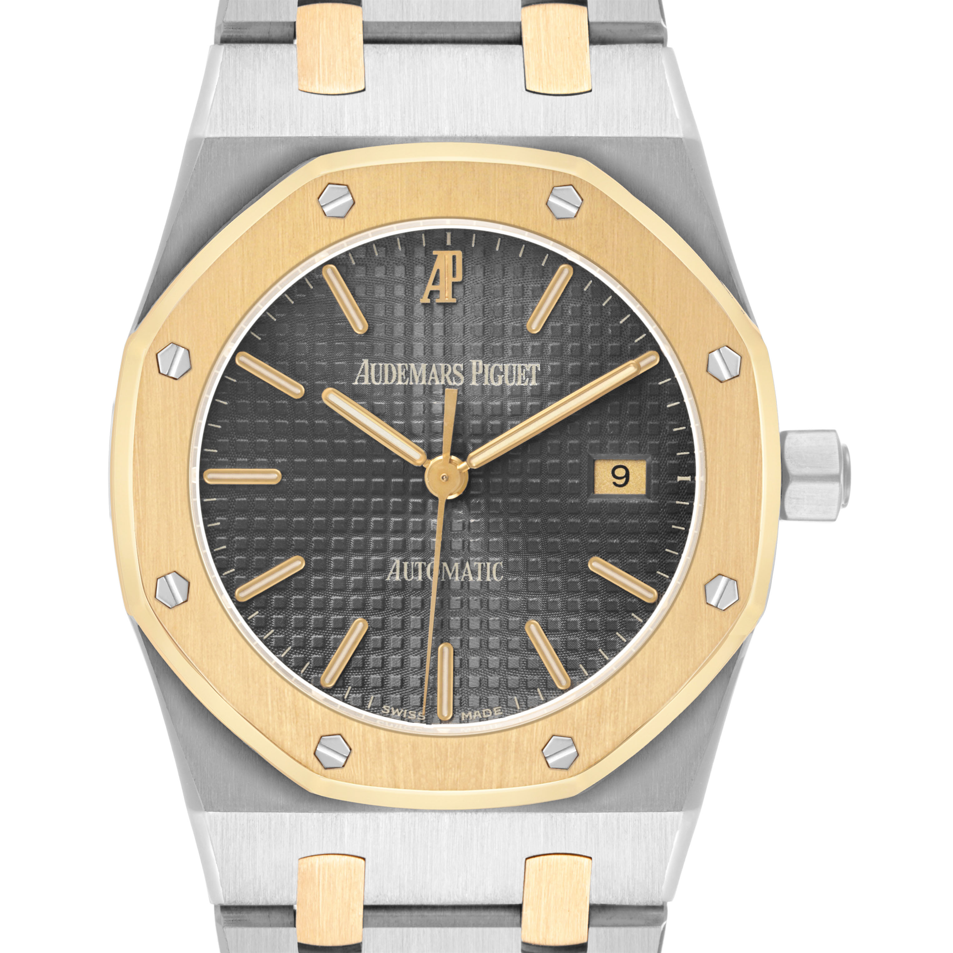 The Audemars Piguet Royal Oak 14100SA Men's Steel and Gold (two tone) Grey Dial watch is shown from the front, highlighting the dial, bezel, and bracelet.