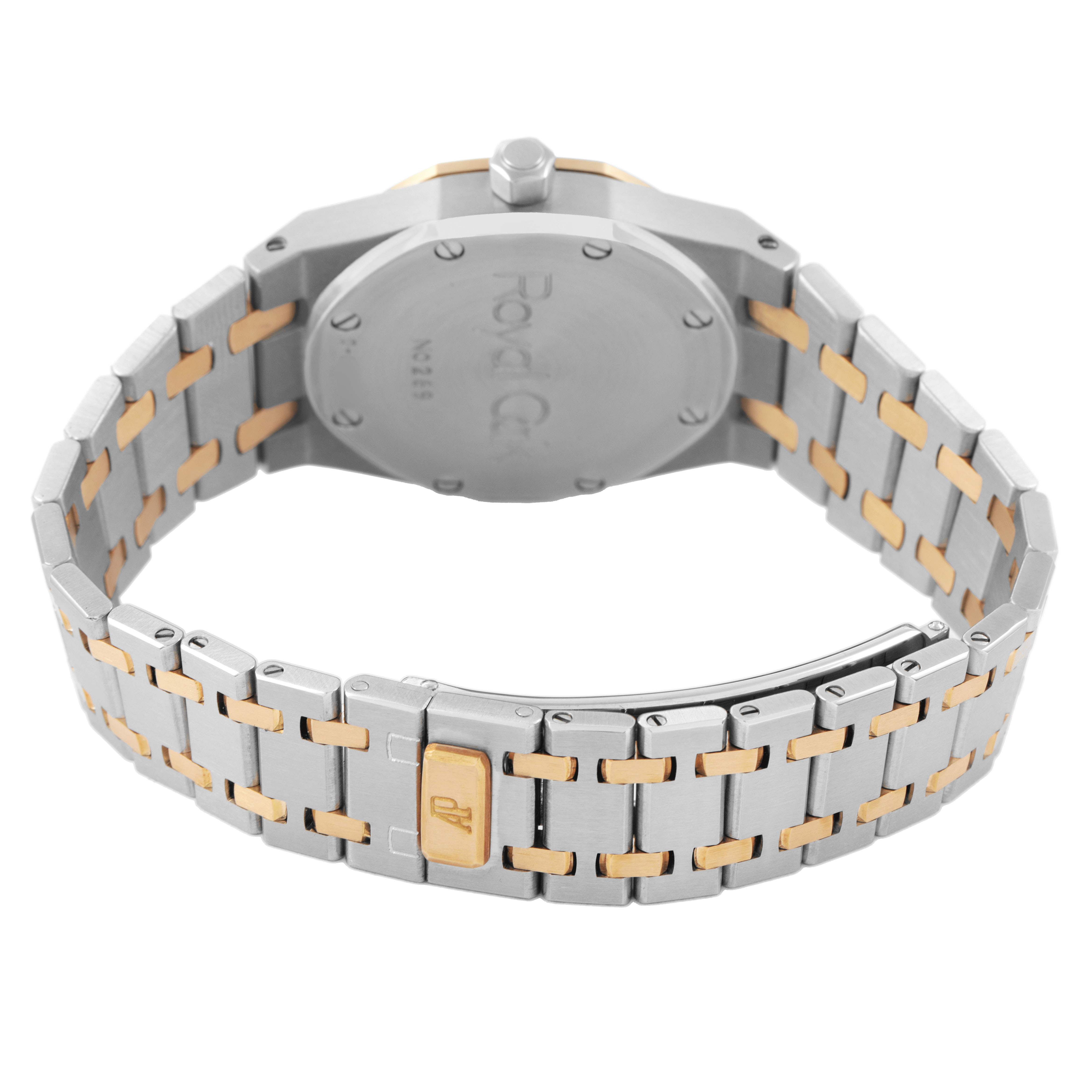 The image shows the back angle of the Audemars Piguet Royal Oak 14100SA Men's Steel and Gold (two tone) Grey Dial, highlighting the case back and two-tone bracelet.