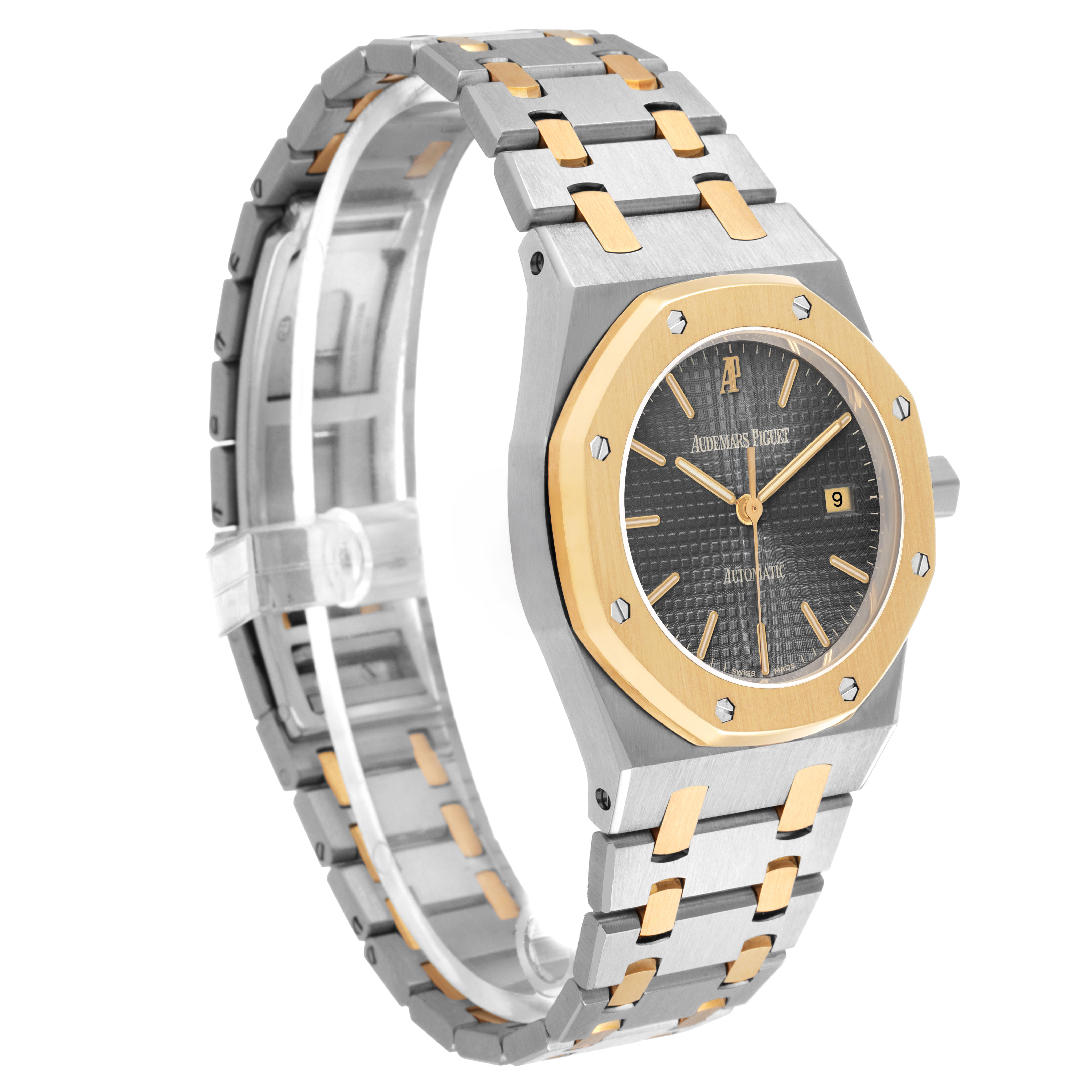 The Audemars Piguet Royal Oak 14100SA Men's Steel and Gold (two tone) Grey Dial watch is shown at a three-quarter angle, highlighting its bezel, dial, and bracelet.