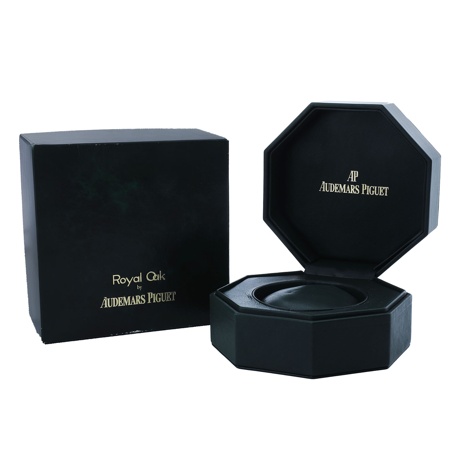 The image shows an open presentation box and outer box for a Royal Oak by Audemars Piguet.