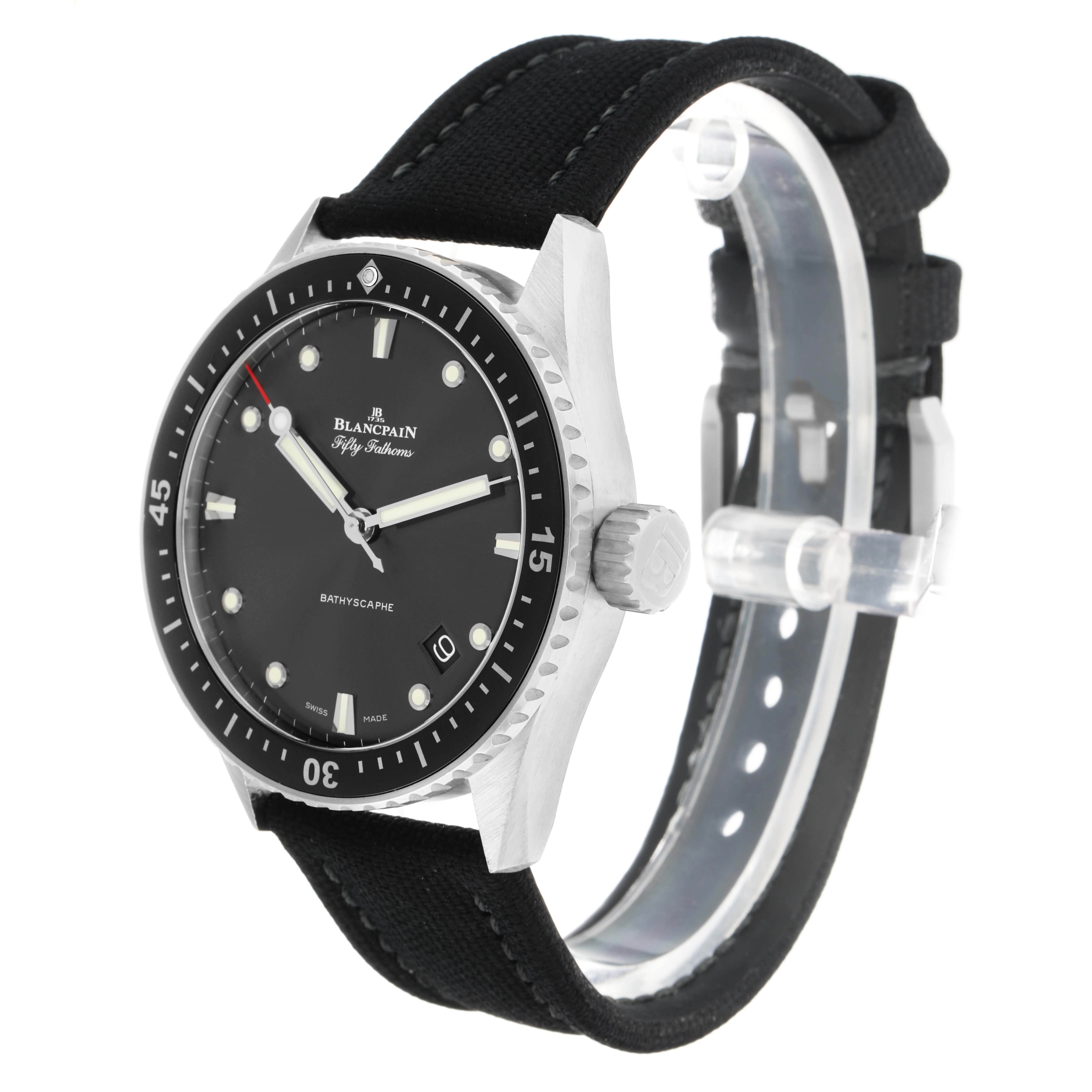 The Blancpain Fifty Fathoms 5100B-1110-B52A Men
s Stainless Steel Grey Dial watch is shown at an angled front view, highlighting the dial, case, bezel, crown, and strap.