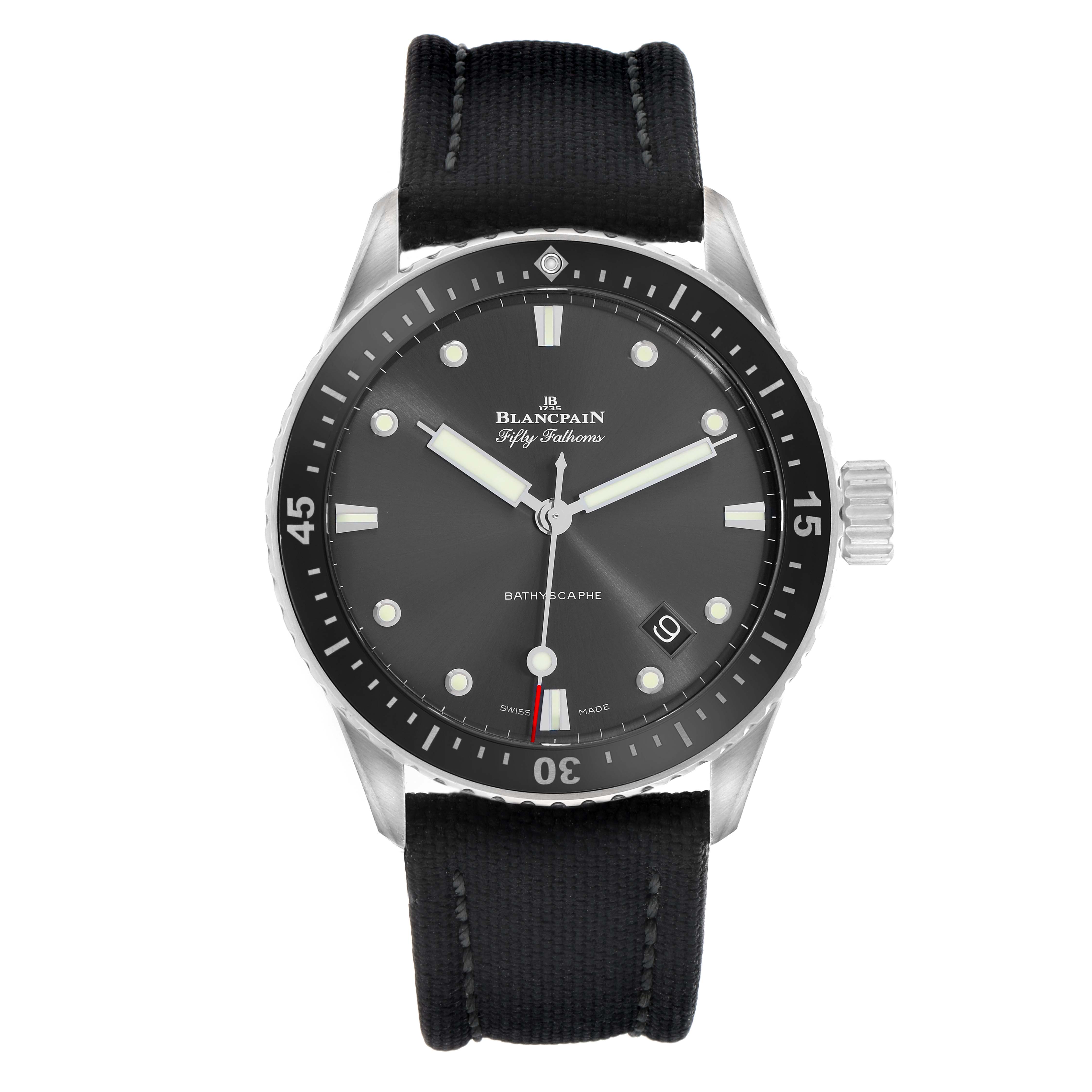 The Blancpain Fifty Fathoms 5100B-1110-B52A Men
s Stainless Steel Grey Dial watch is shown from the front, highlighting the dial, bezel, crown, and strap.