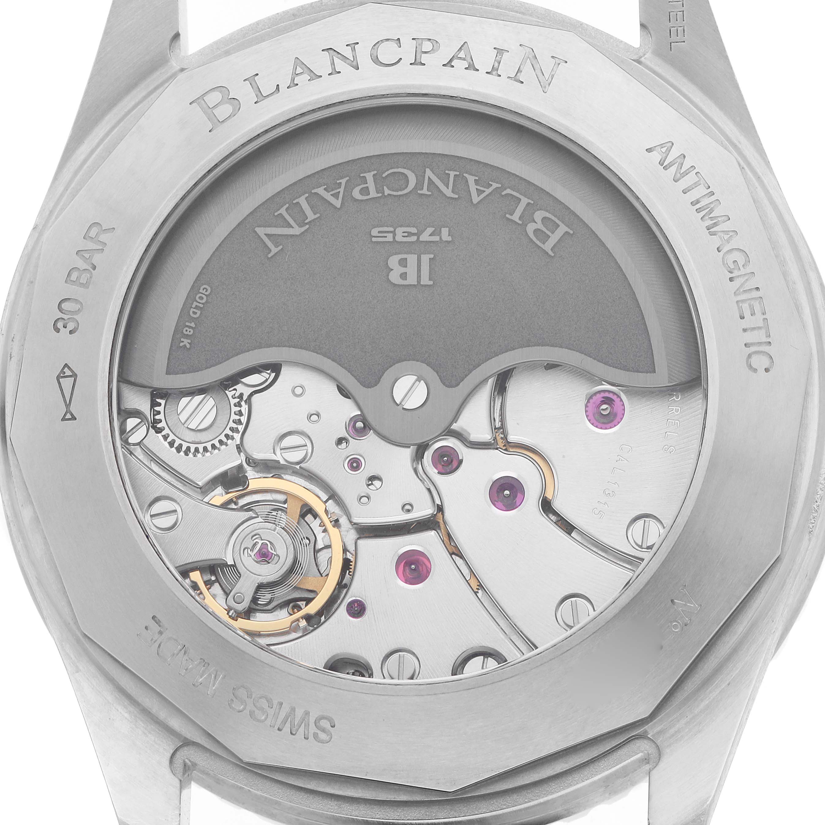 The Blancpain Fifty Fathoms 5100B-1110-B52A Men
s Stainless Steel Grey Dial watch is shown from the back, highlighting its intricate movement and rotor mechanism.