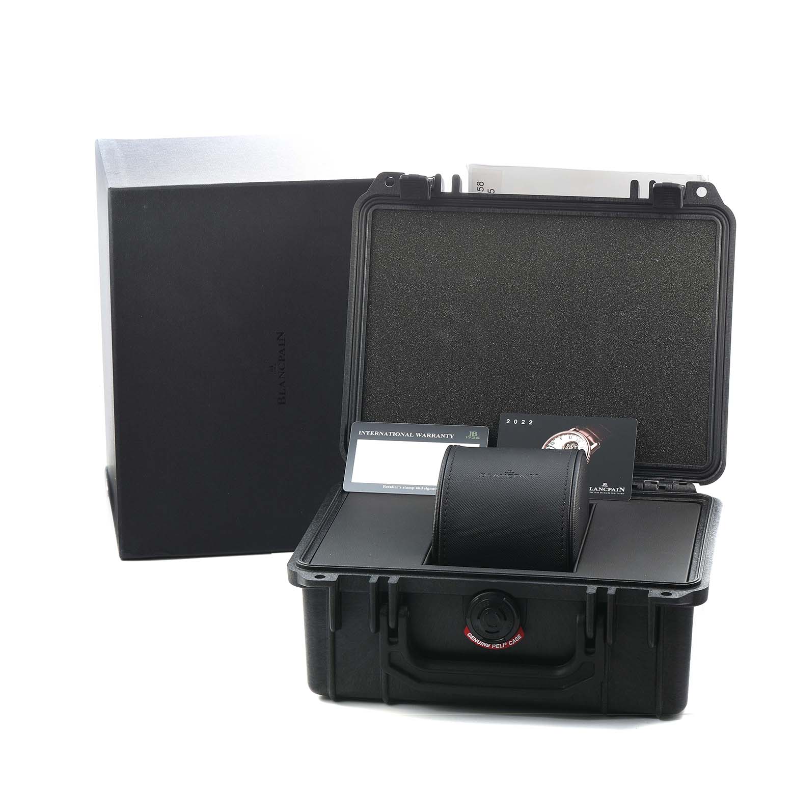 The image shows a Blancpain Fifty Fathoms 5100B-1110-B52A Men
s Stainless Steel Grey Dial watch case, warranty card, manual, and protective packaging from a front angle.