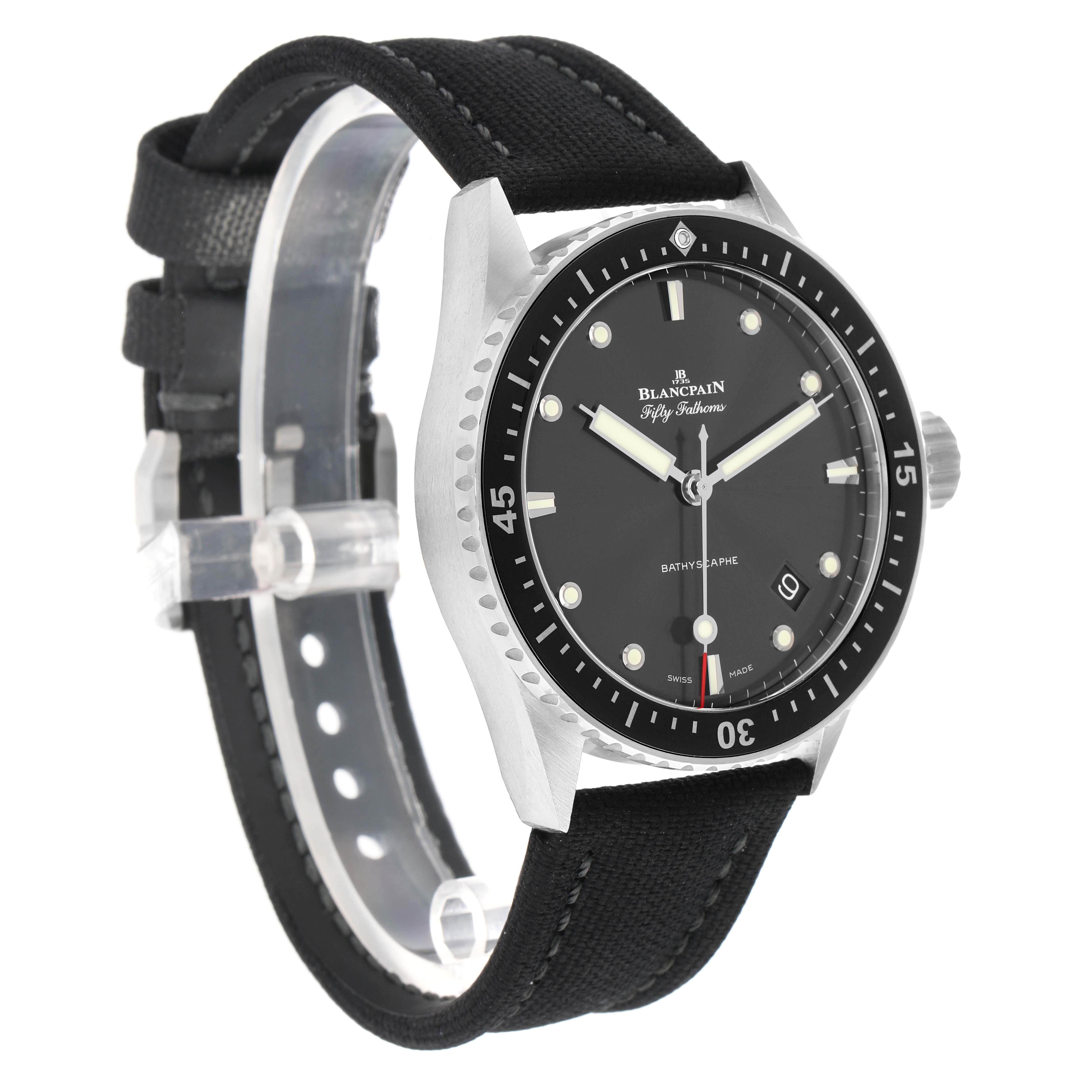 The Blancpain Fifty Fathoms 5100B-1110-B52A Men
s Stainless Steel Grey Dial watch is shown at an angle displaying the face, bezel, crown, and strap.