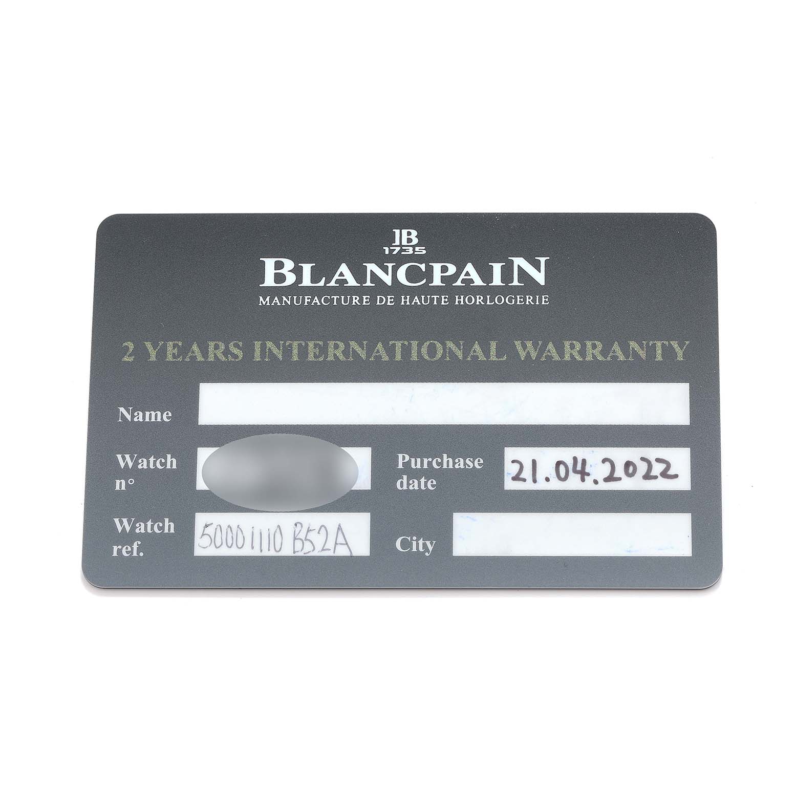 The image shows a warranty card for the Blancpain Fifty Fathoms 5100B-1110-B52A Men
s Stainless Steel Grey Dial watch, displaying the brand, warranty period, purchase date, and reference numbers.