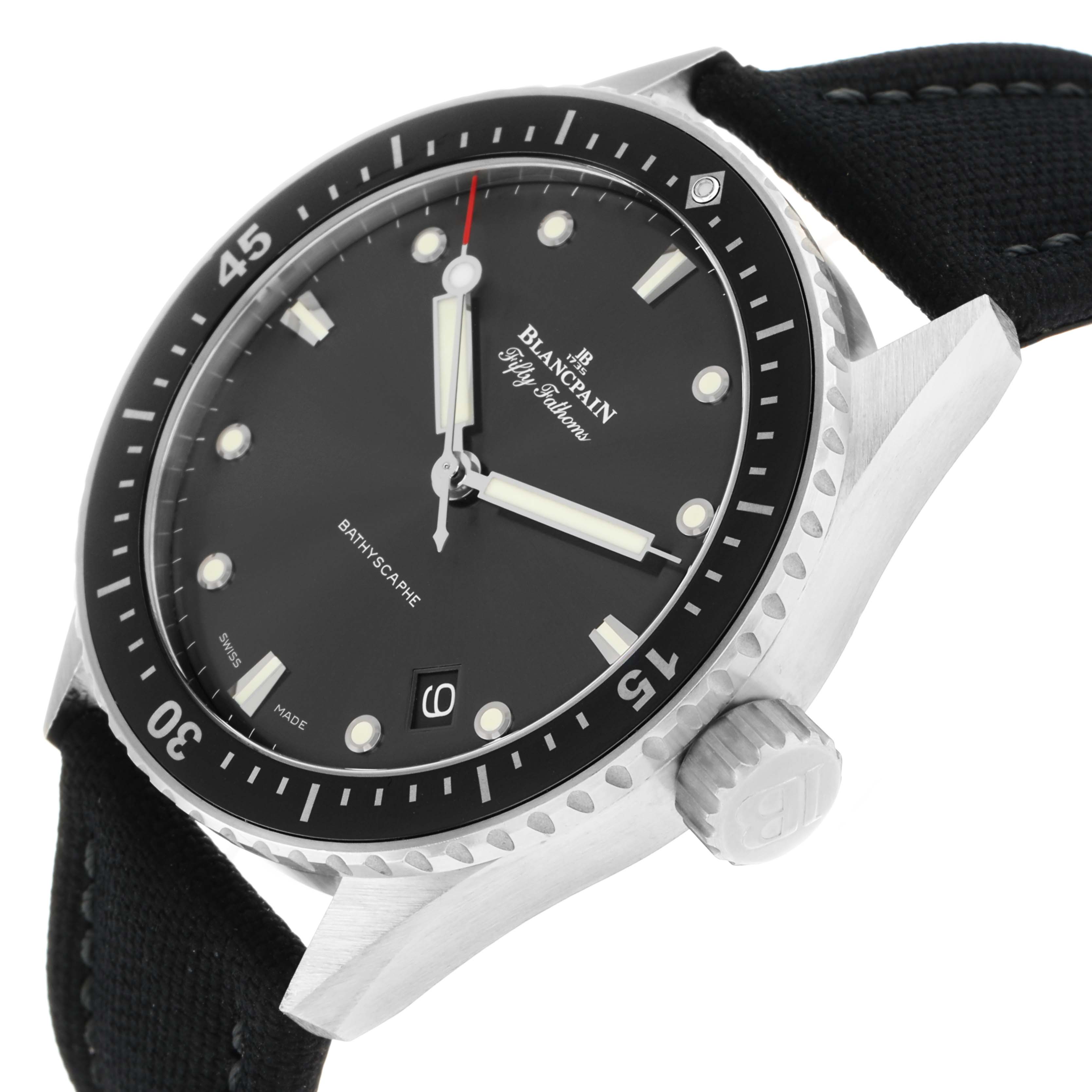 The Blancpain Fifty Fathoms 5100B-1110-B52A Men
s Stainless Steel Grey Dial model is shown at an angle displaying the face, bezel, crown, and part of the strap.