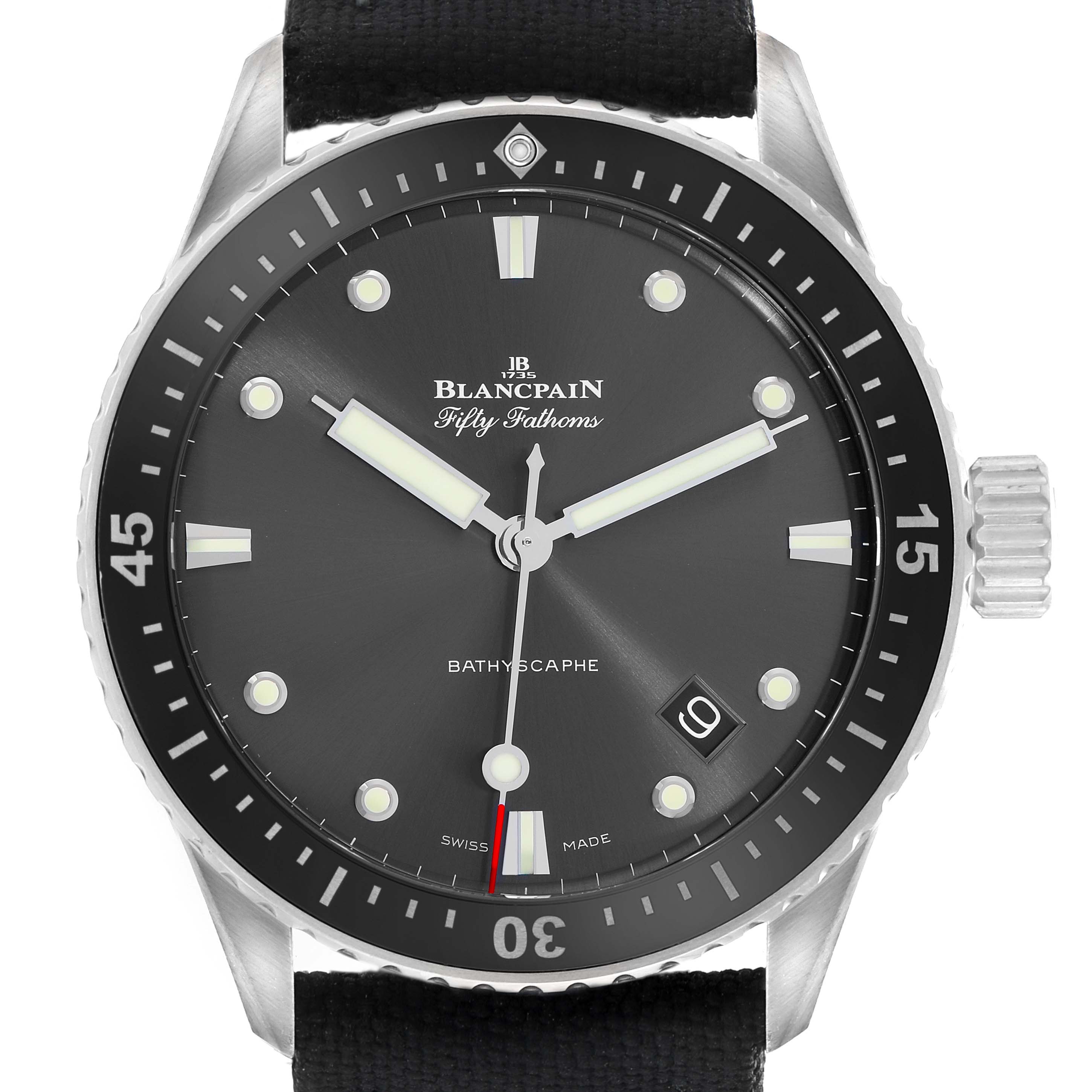The image shows a front view of the Blancpain Fifty Fathoms 5100B-1110-B52A Men
s Stainless Steel Grey Dial watch, highlighting the dial, bezel, hands, and crown.