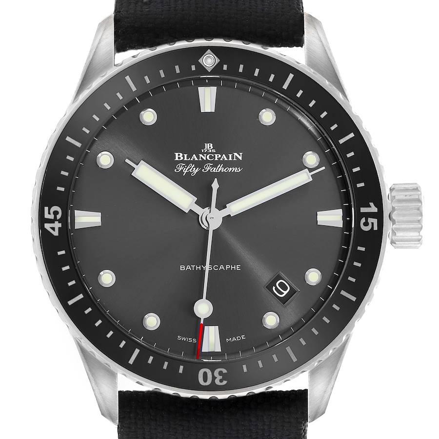 The image shows a front view of the Blancpain Fifty Fathoms 5100B-1110-B52A Men's Stainless Steel Grey Dial watch, highlighting the dial, bezel, hands, and crown.