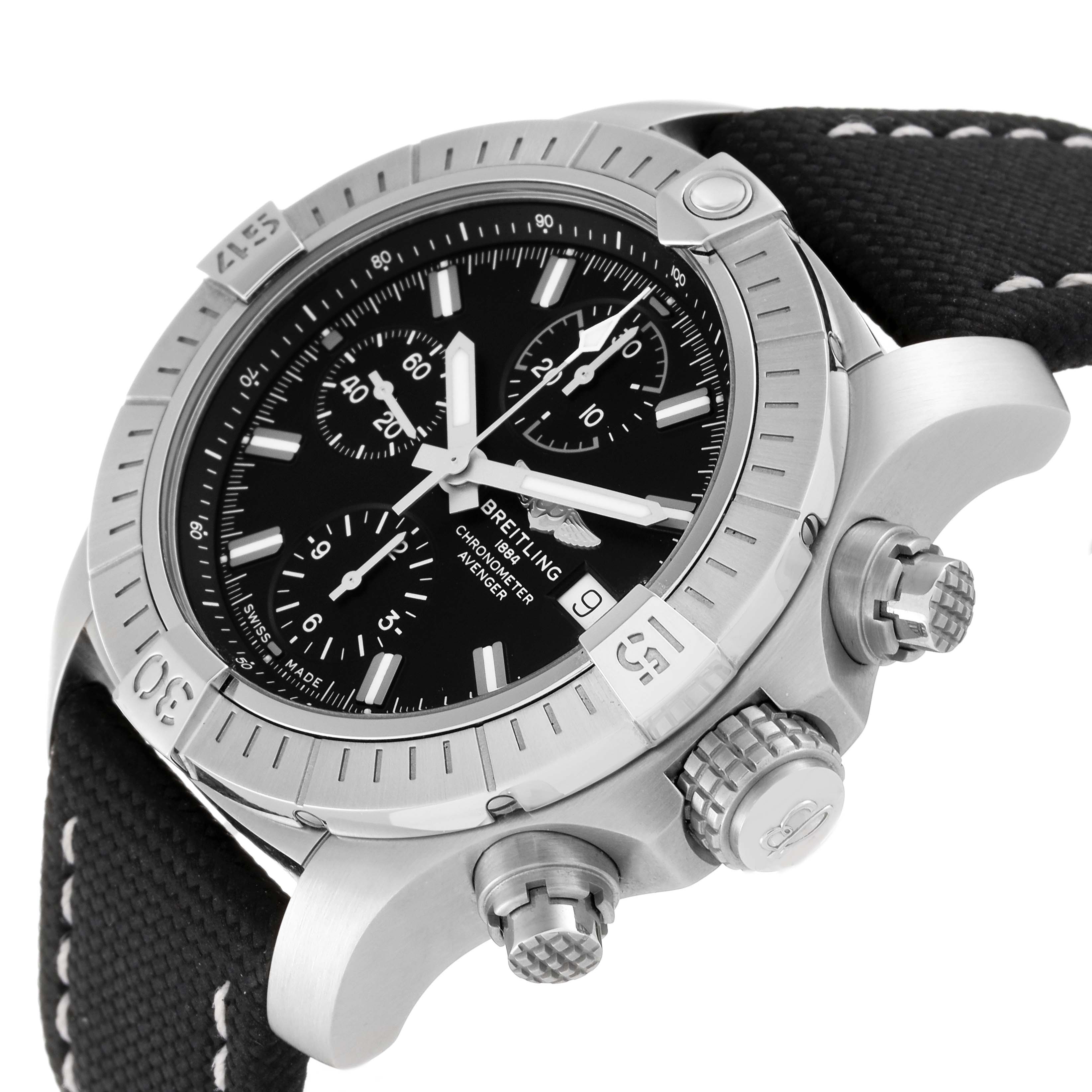 The image shows a side-angle view of the Breitling Avenger A13385 Men's Stainless Steel Black Dial A13385 Men's Stainless Steel Black Dial watch, highlighting the bezel, dial, crown, pushers, and part of the strap.