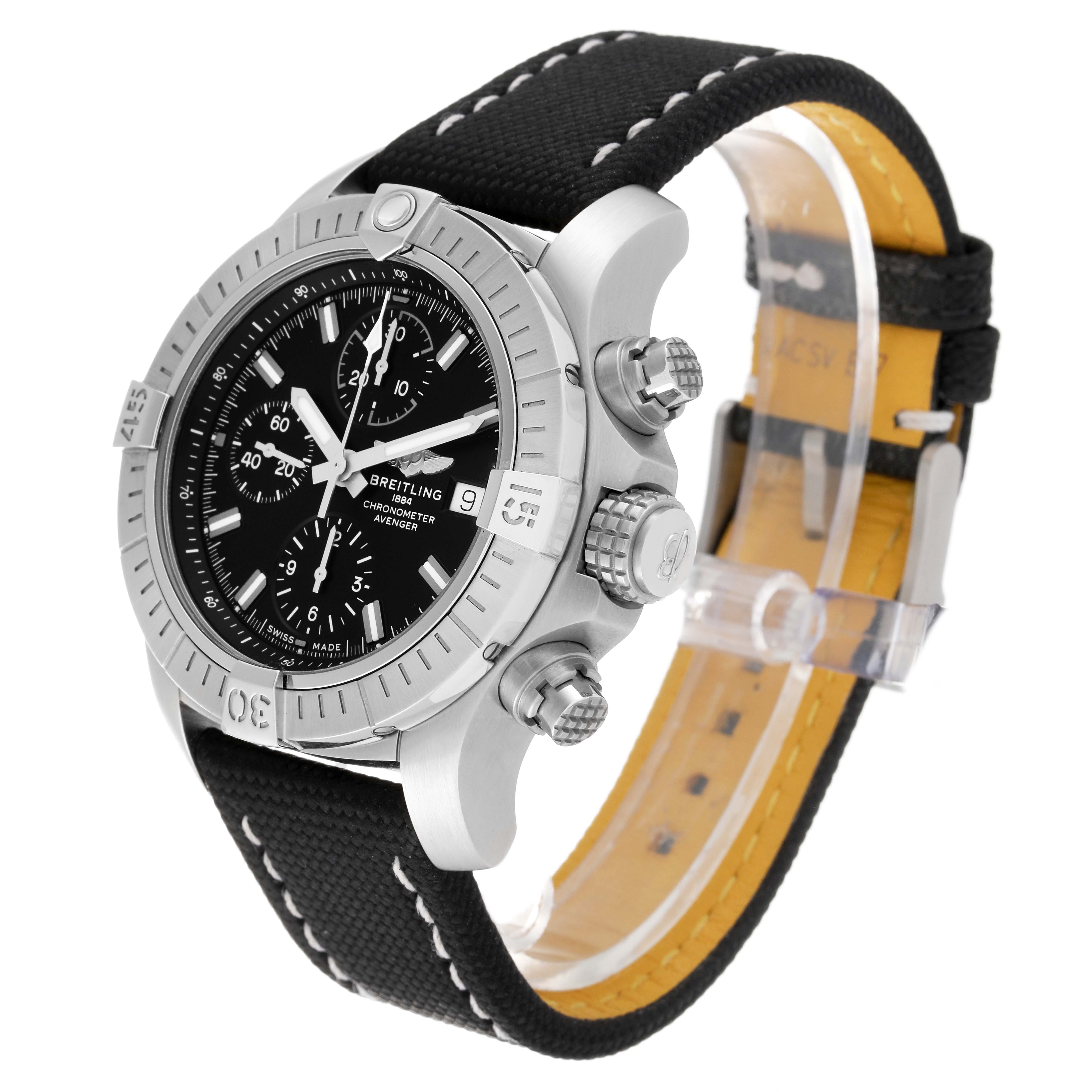 The image shows a side-angle view of a Breitling Avenger A13385 Men's Stainless Steel Black Dial A13385 Men's Stainless Steel Black Dial watch highlighting its dial, bezel, crown, chronograph pushers, and strap.