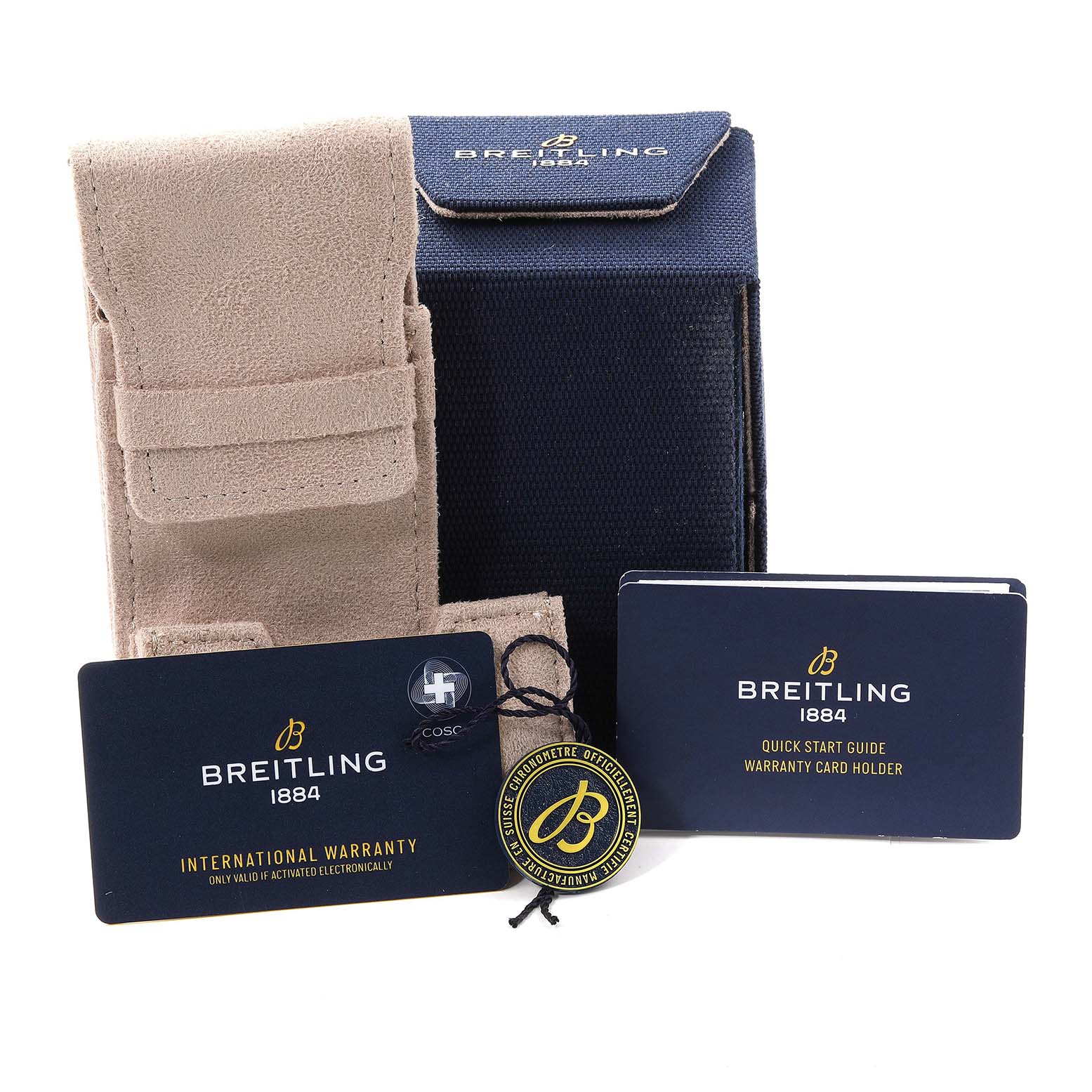 The image shows Breitling Avenger A13385 Men's Stainless Steel Black Dial A13385 Men's Stainless Steel Black Dial watch accessories including a box, travel case, warranty card, and a quick start guide.