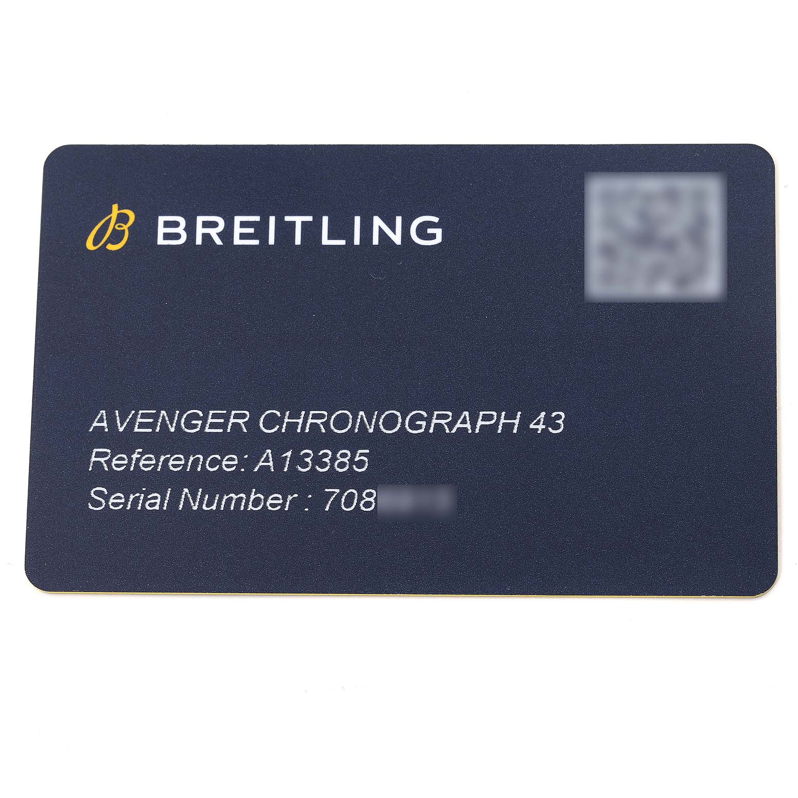 The image shows a warranty card for the Breitling Avenger A13385 Men's Stainless Steel Black Dial A13385 Men's Stainless Steel Black Dial Chronograph 43, displaying the reference and serial numbers.