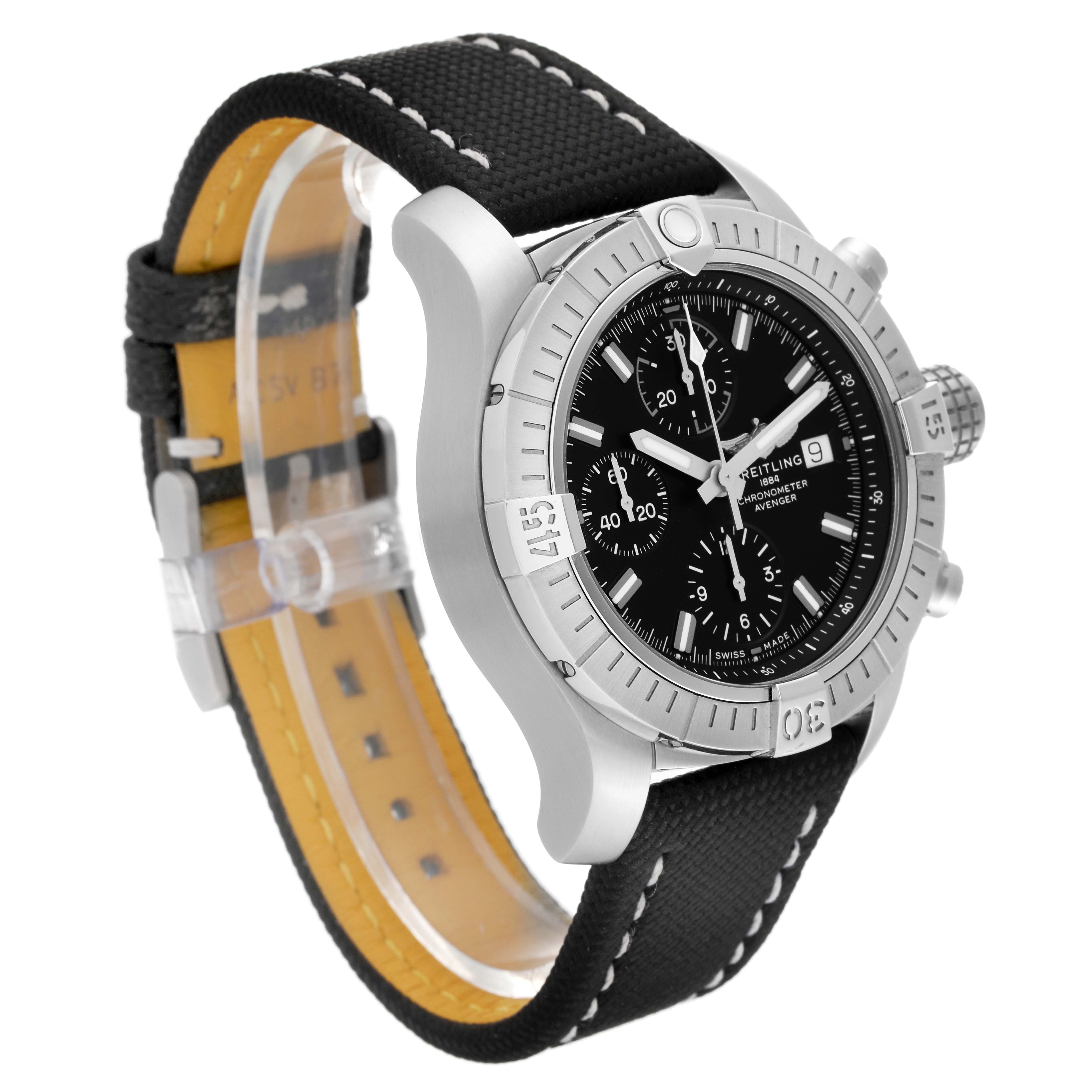 This image shows a side angle of the Breitling Avenger A13385 Men's Stainless Steel Black Dial A13385 Men's Stainless Steel Black Dial watch, featuring its black dial, bezel, and black strap with white stitching.