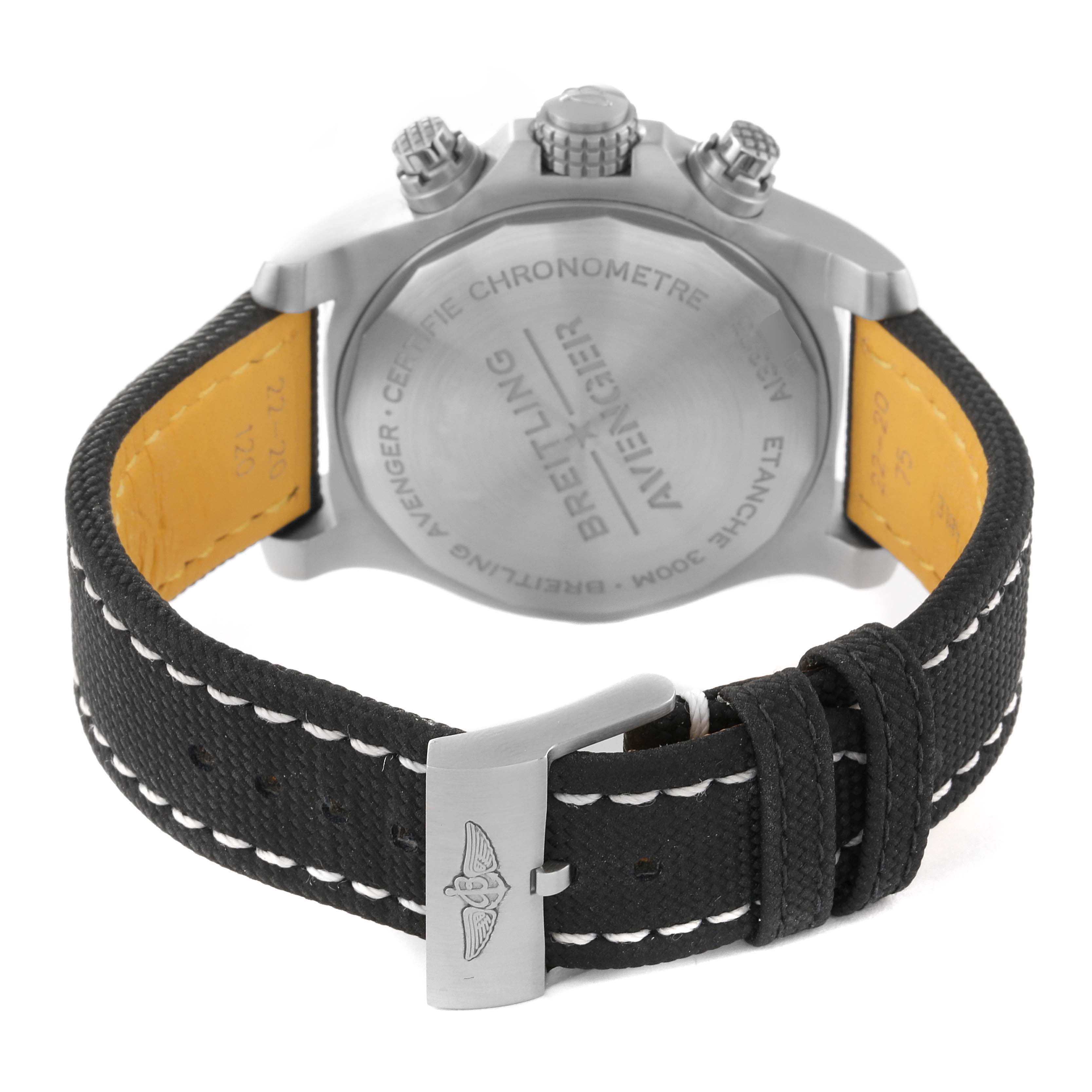 The image shows the back view of a Breitling Avenger A13385 Men's Stainless Steel Black Dial A13385 Men's Stainless Steel Black Dial watch, highlighting the case back, crown, and strap with buckle.