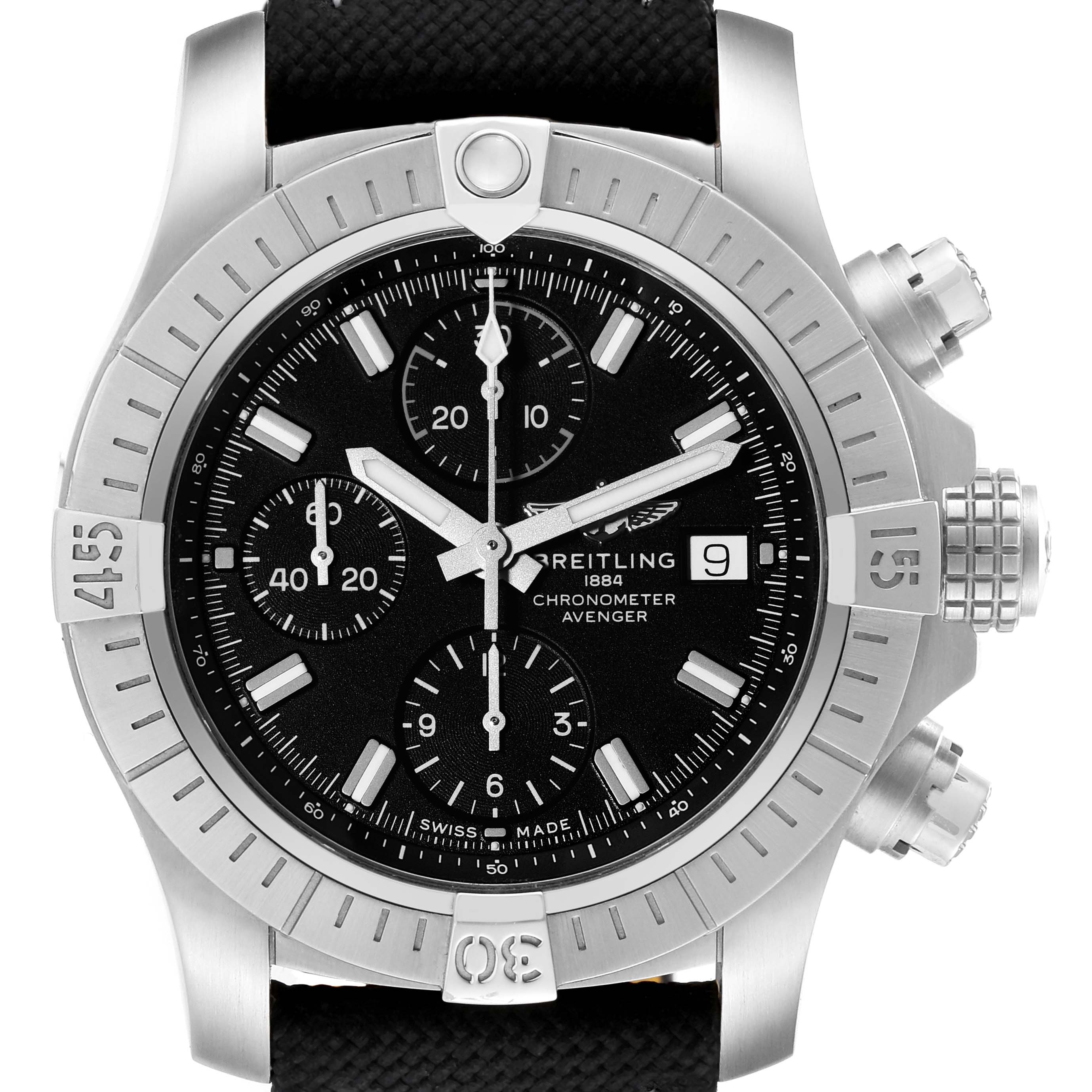 The image shows a Breitling Avenger A13385 Men's Stainless Steel Black Dial A13385 Men's Stainless Steel Black Dial watch from the front, highlighting the bezel, dial, sub-dials, and pushers.
