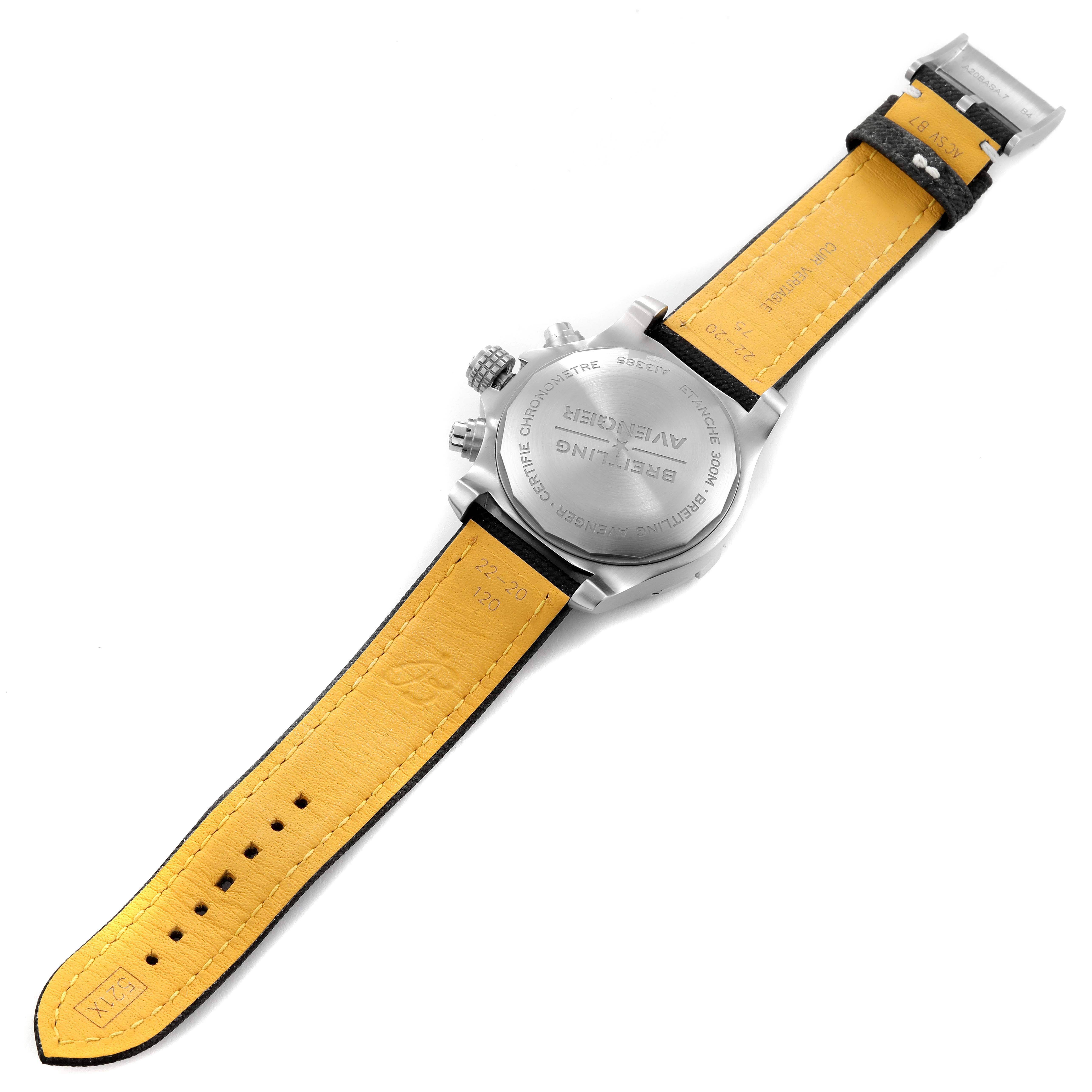 The image shows the back of a Breitling Avenger A13385 Men's Stainless Steel Black Dial A13385 Men's Stainless Steel Black Dial watch, including the back case, strap, and buckle.